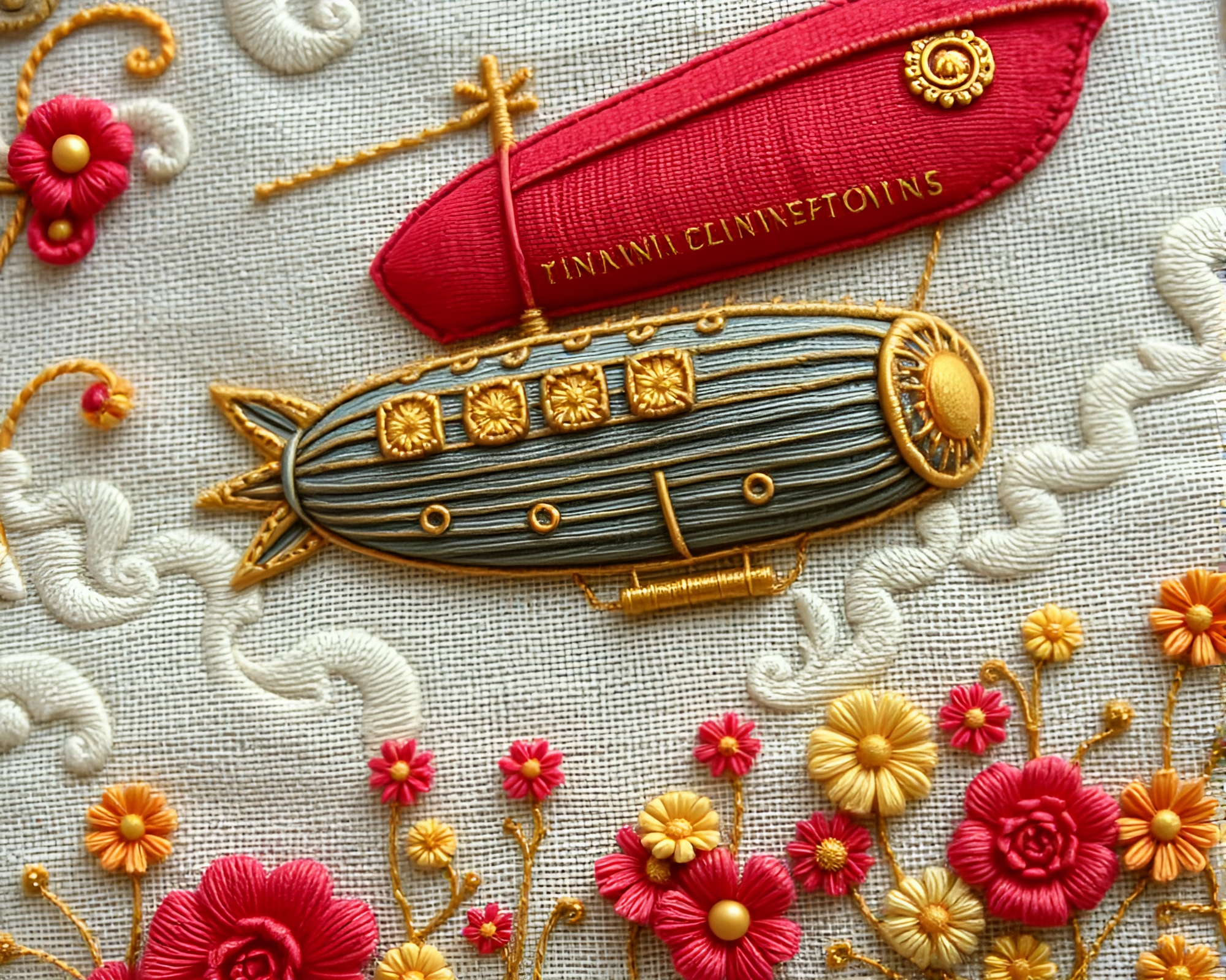 Steampunk Airship Embroidered in Digital Bloom Children’s Book Illustration – free AI stock image