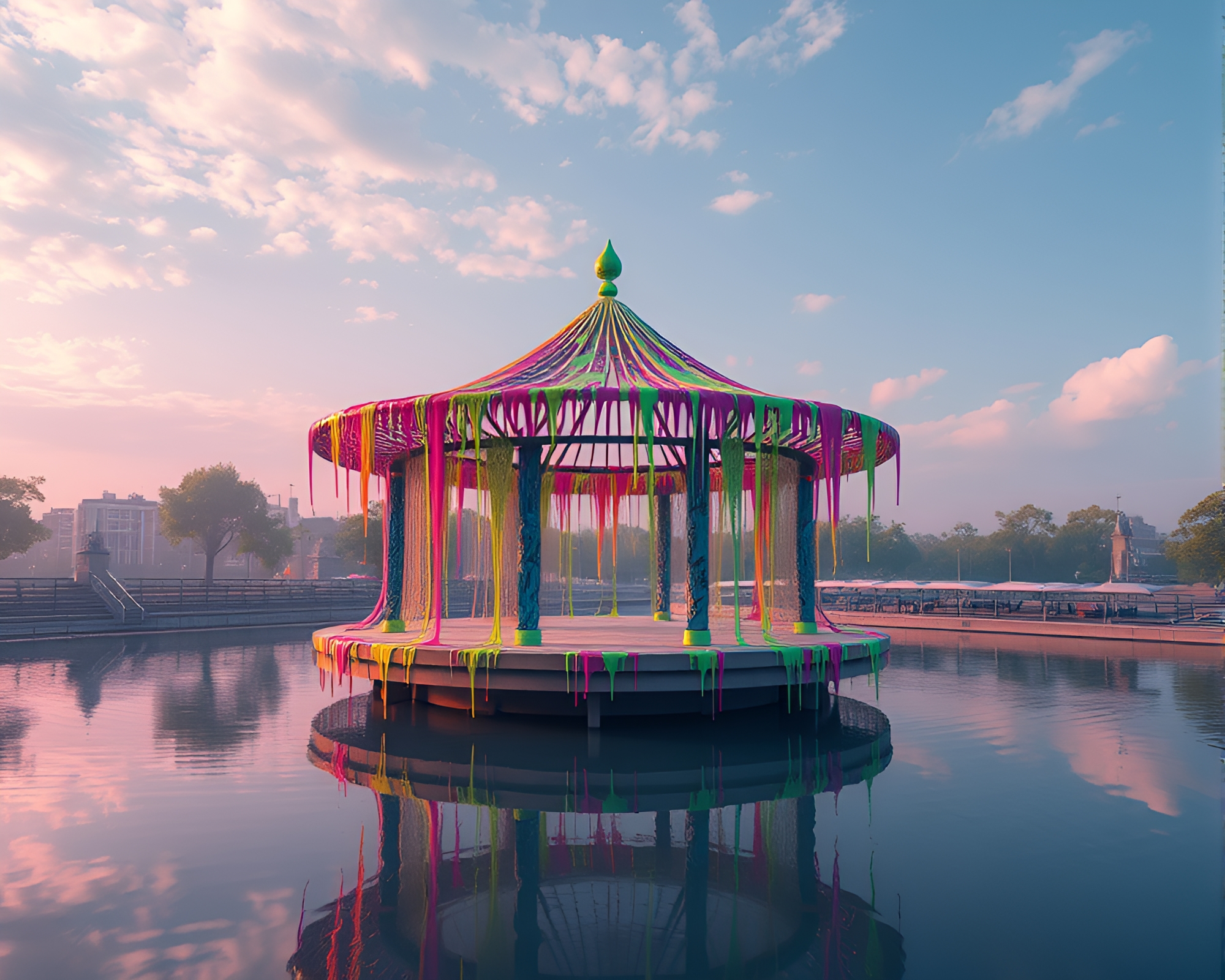 Futuristic Floating Pavilion with Vibrant Graffiti Drips – free AI stock image