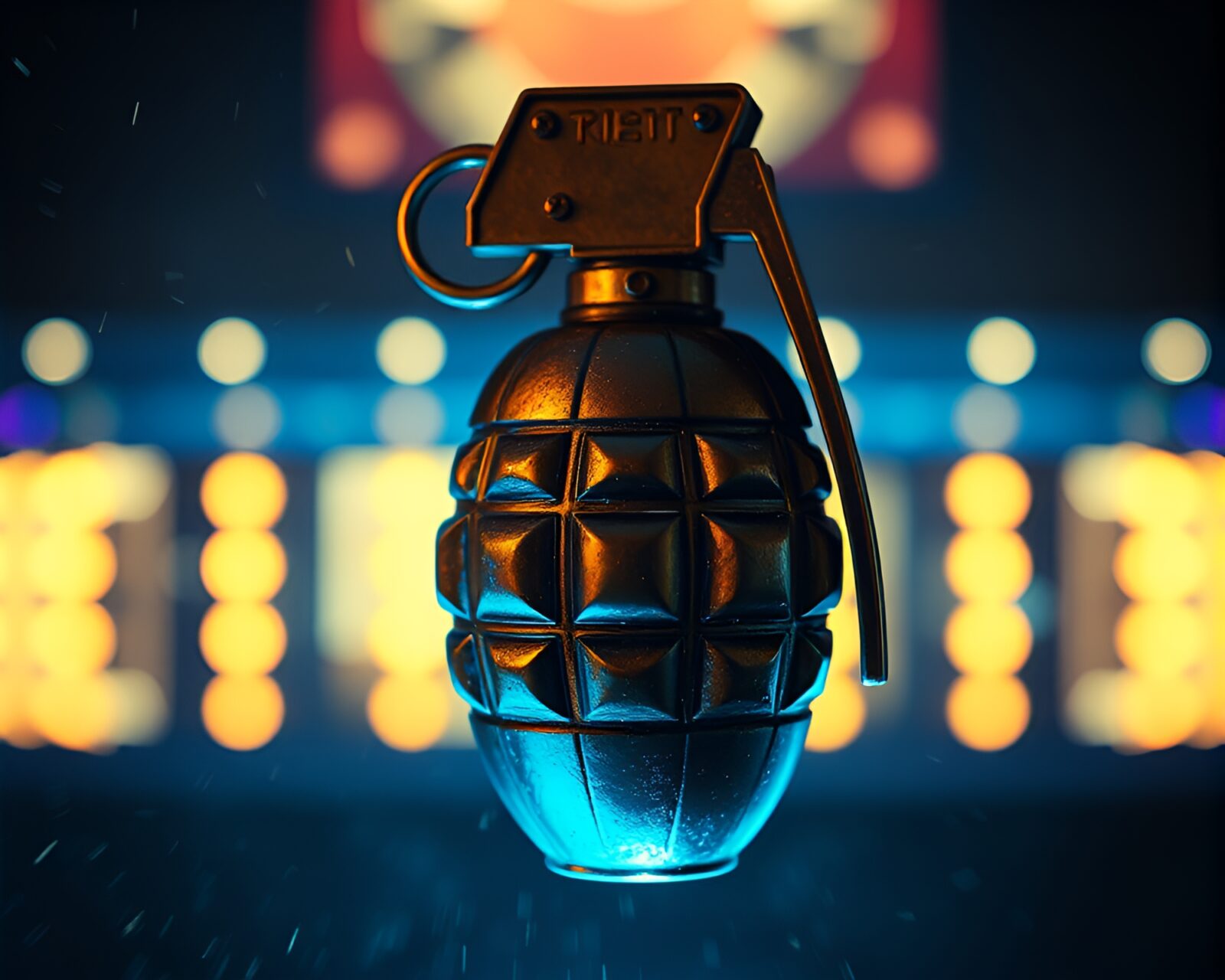 Surreal bronze grenade detonating in retro blue hour haze