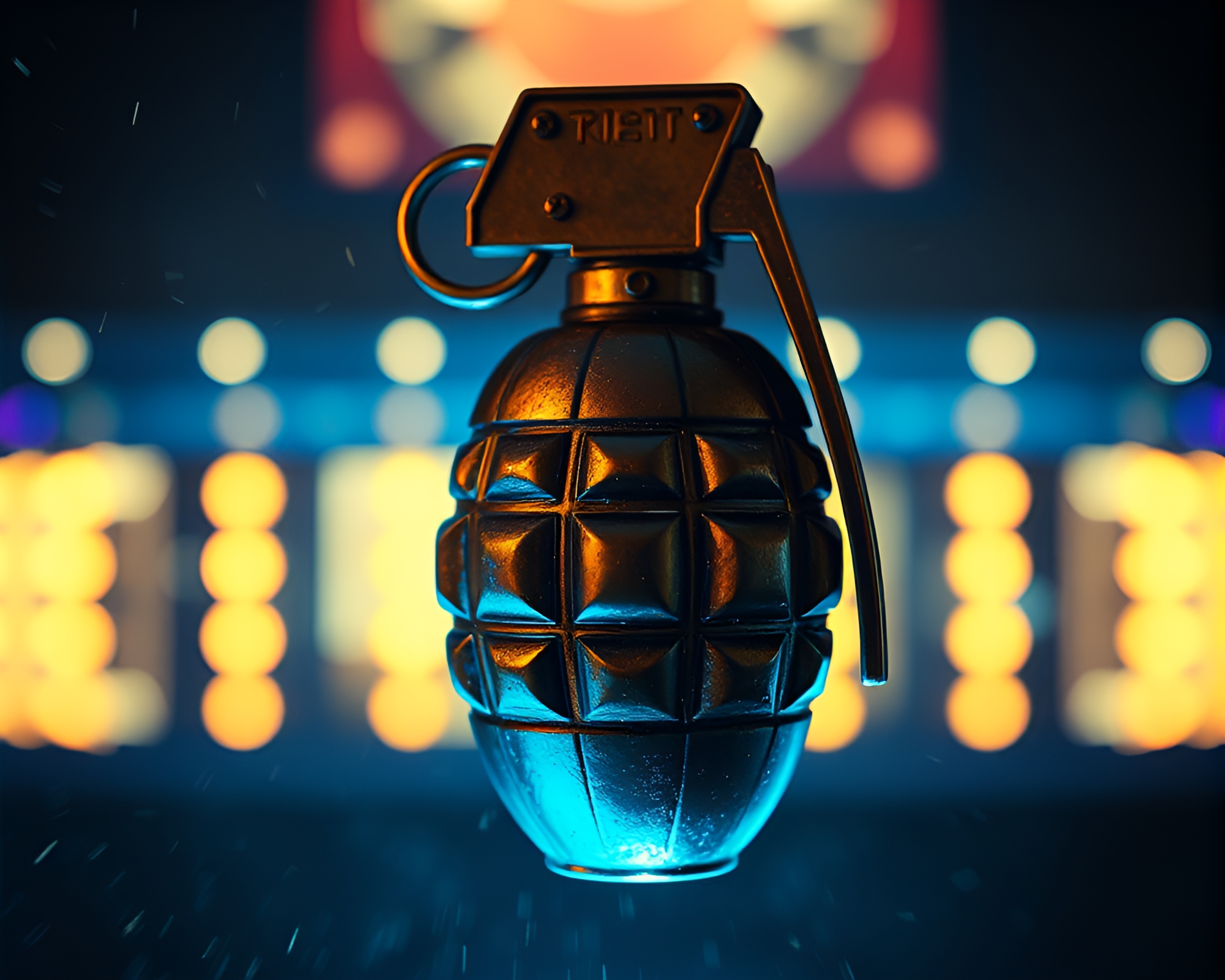 Bronze Antimatter Grenade Exploding in VHS Twilight – free AI stock image