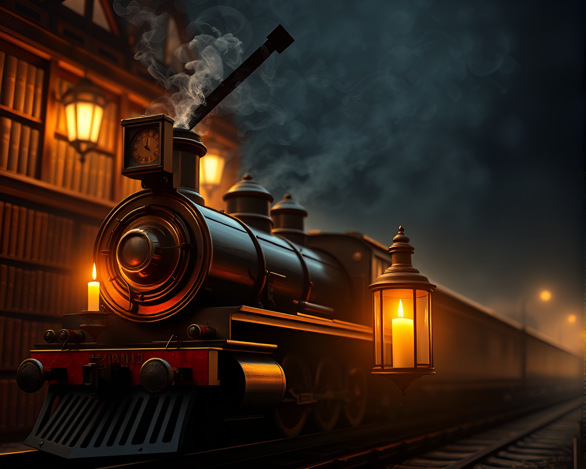 Manga-style Steam Locomotive Amid Library Candle Smoke – free AI stock image