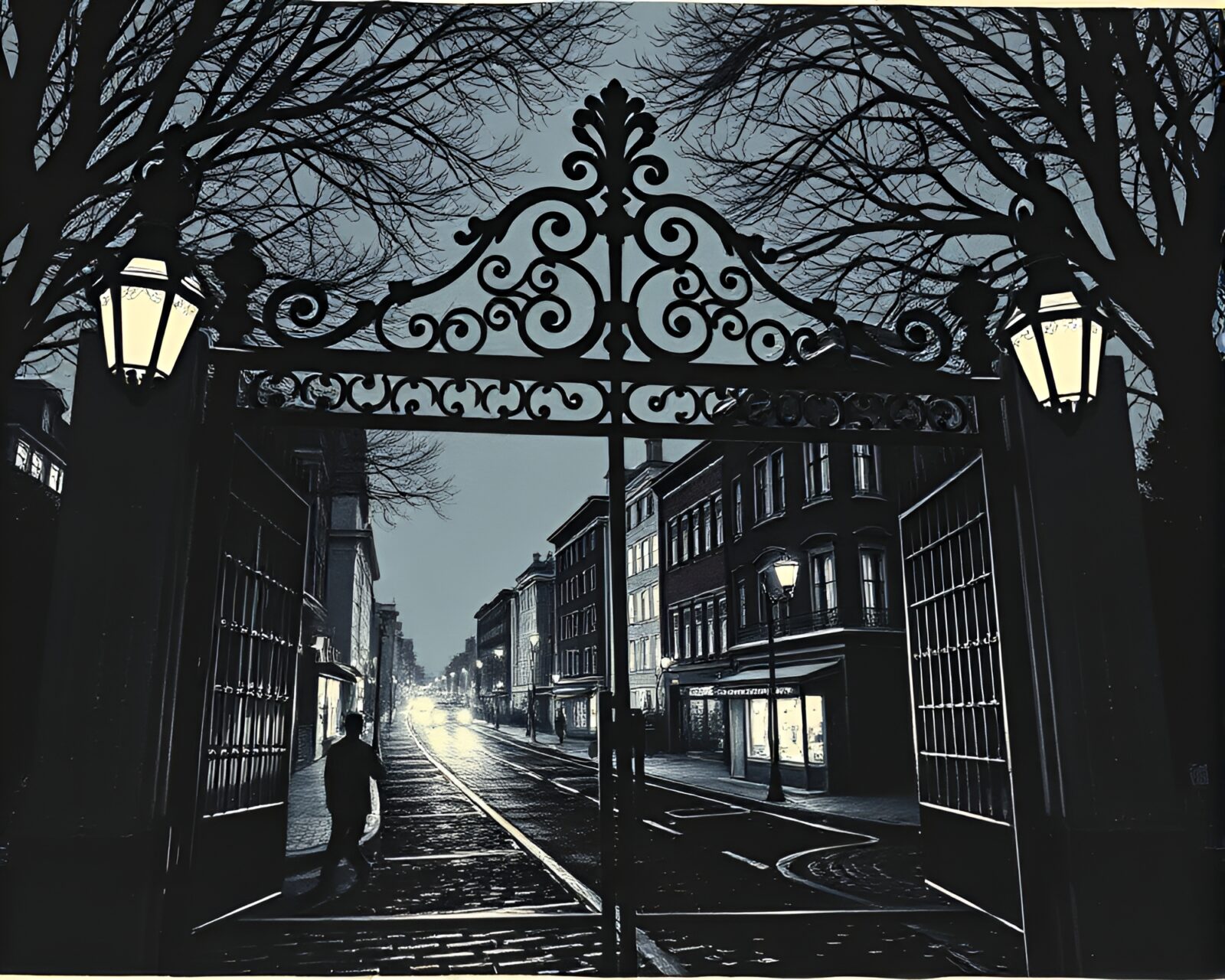 Serene view of a city gate under moonlight