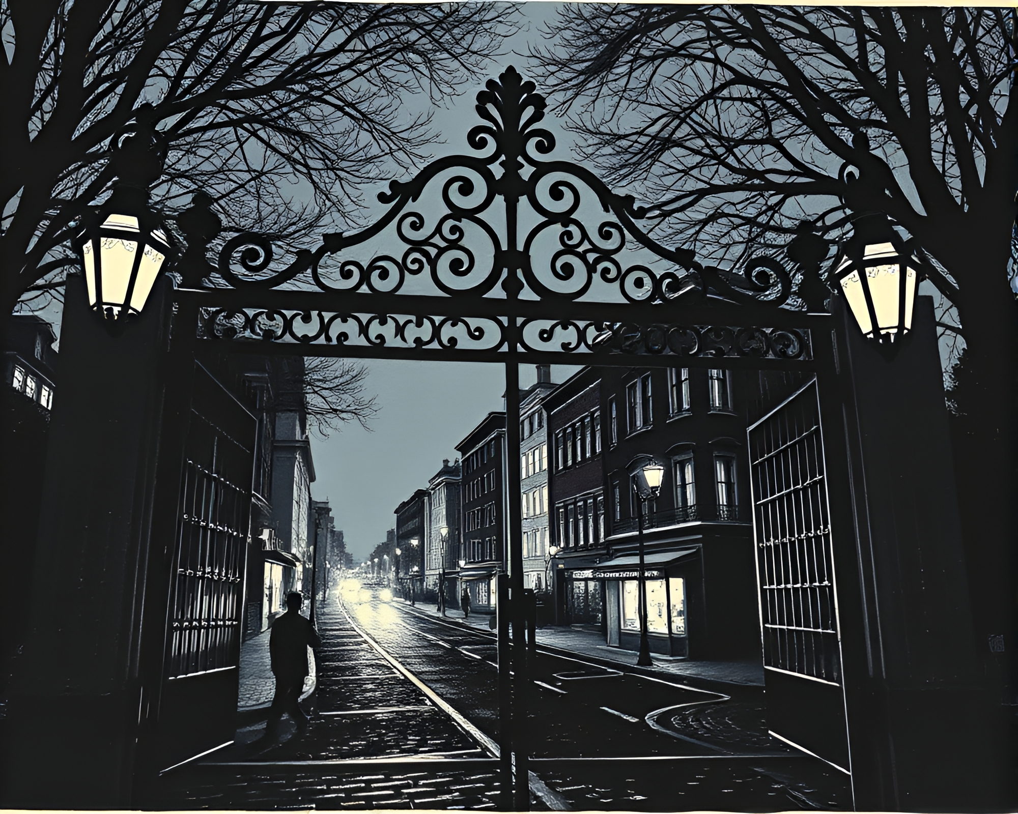 Cityscape Gate: Linocut Night Scene with Wrought Iron – free AI stock image
