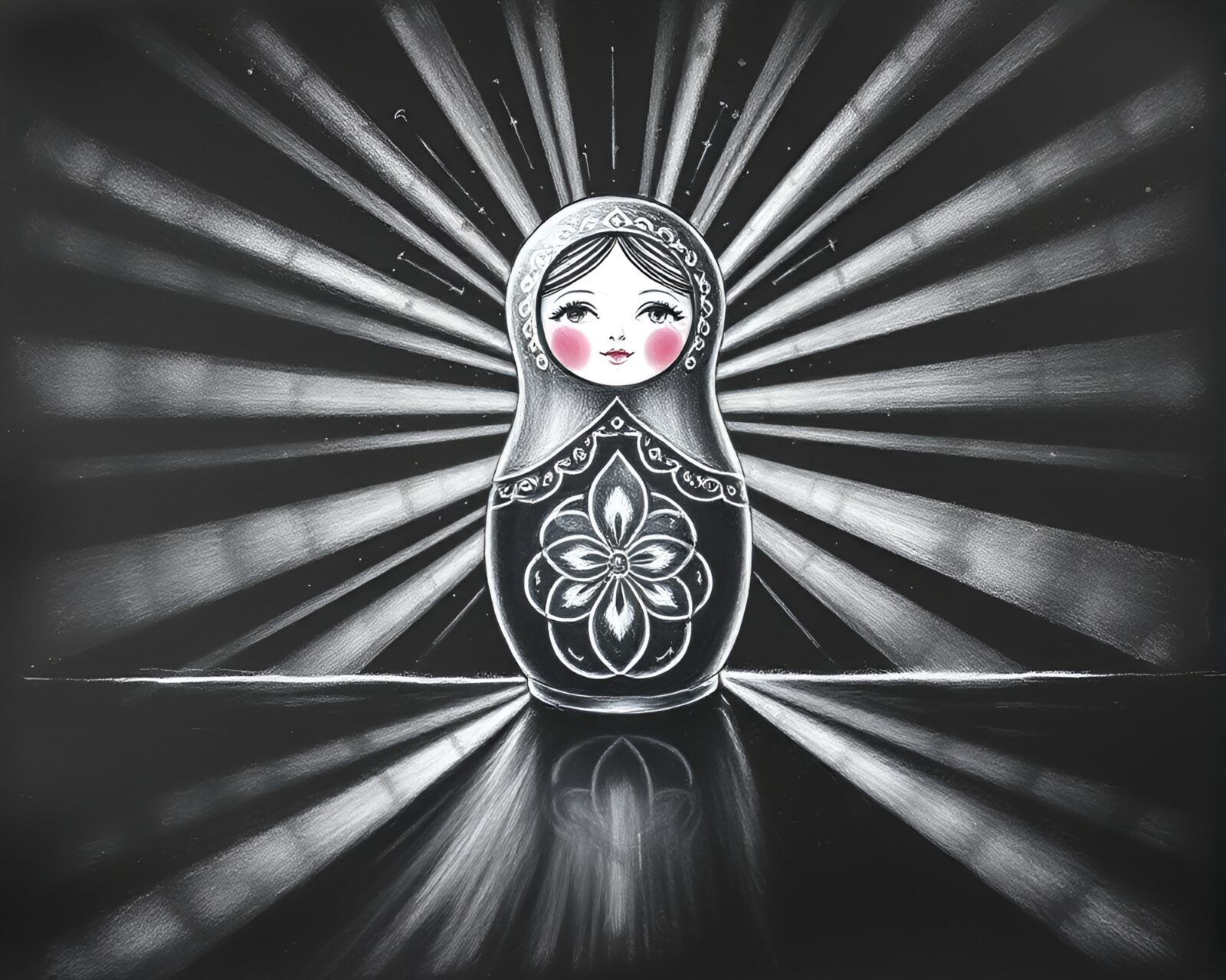 A whimsical chalk drawing of Matryoshka dolls amidst glowing god rays