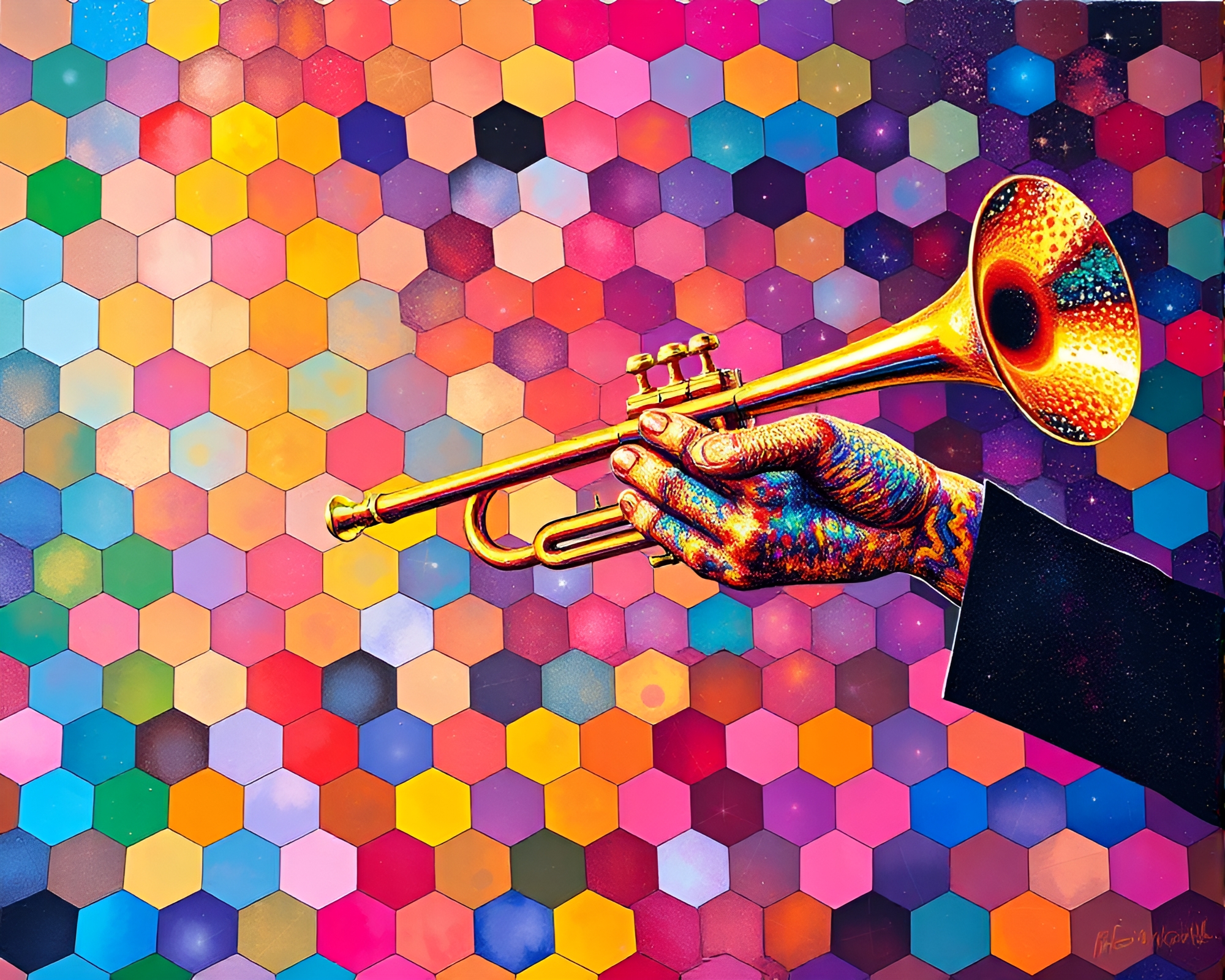 Cosmic Trumpet Mirage in Hexagonal Color Field Symphony – free AI stock image