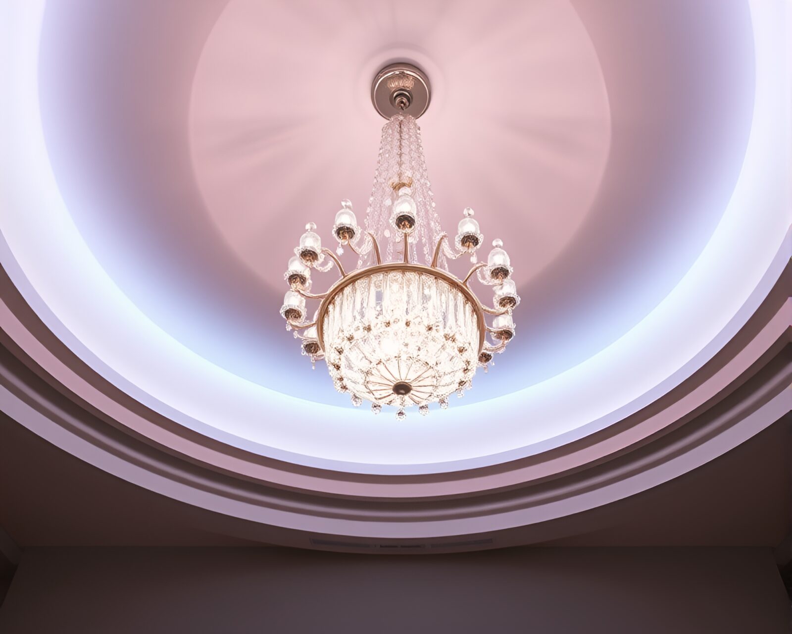 Glowing crystal chandelier in soft pastel lighting