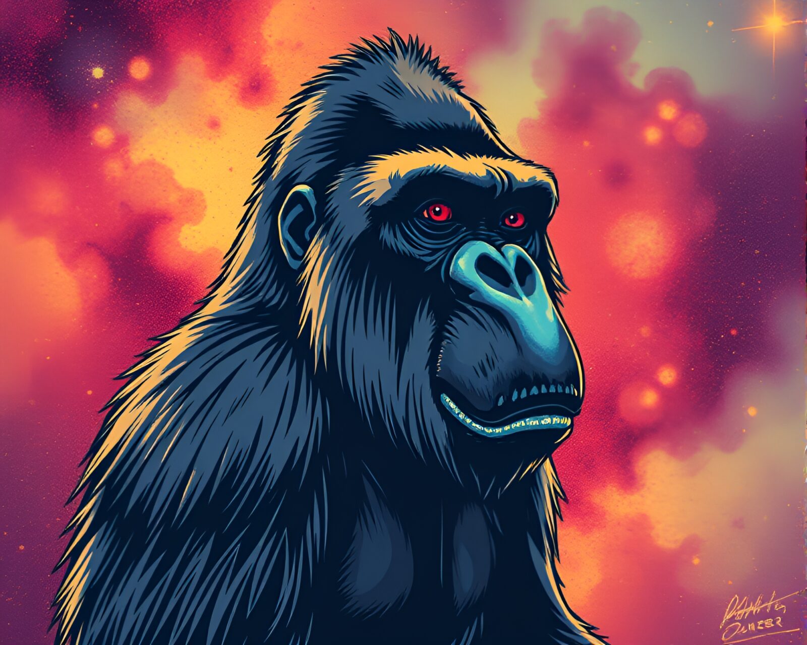 Graphic novel style gorilla surrounded by cosmic dust