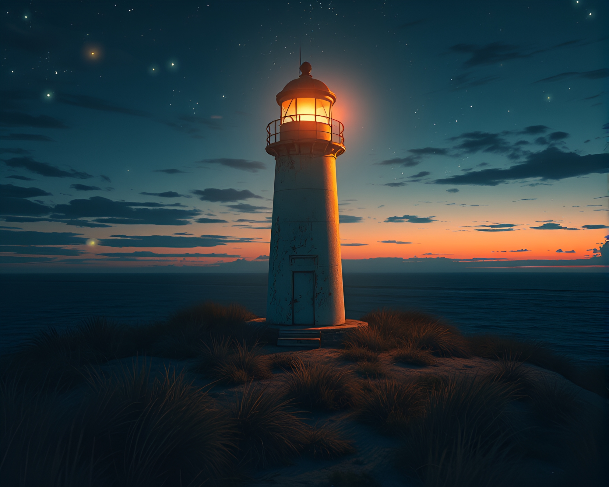 Abandoned Lighthouse Illuminated by Glowing Fireflies – free AI stock image