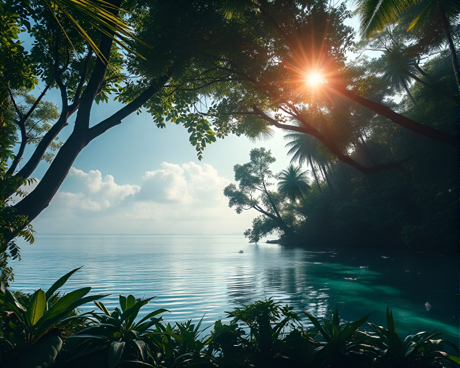 Vibrant island scene with lush jungle and colorful lighting