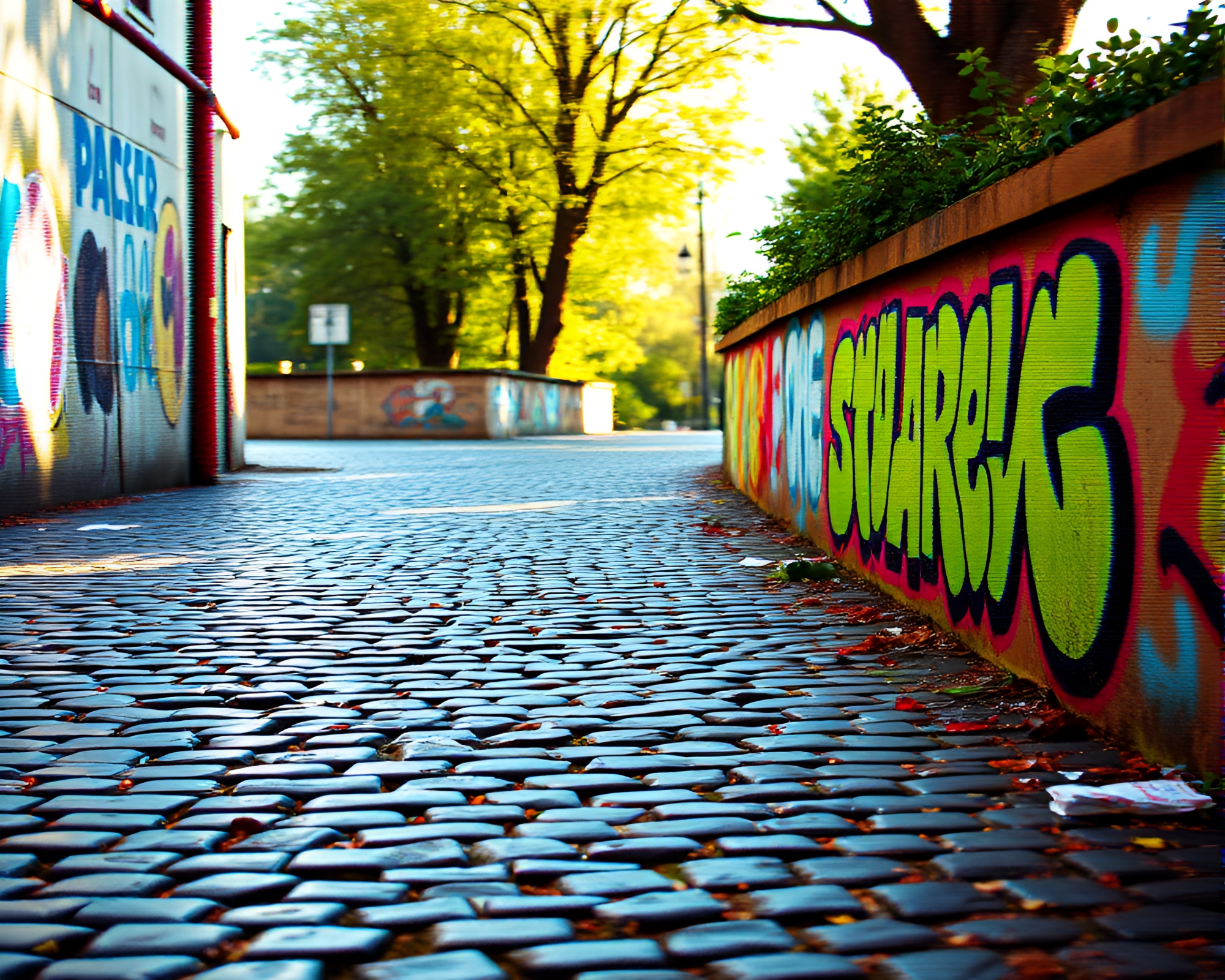 Graffiti Glitch: Bright Cobblestone Path – free AI stock image