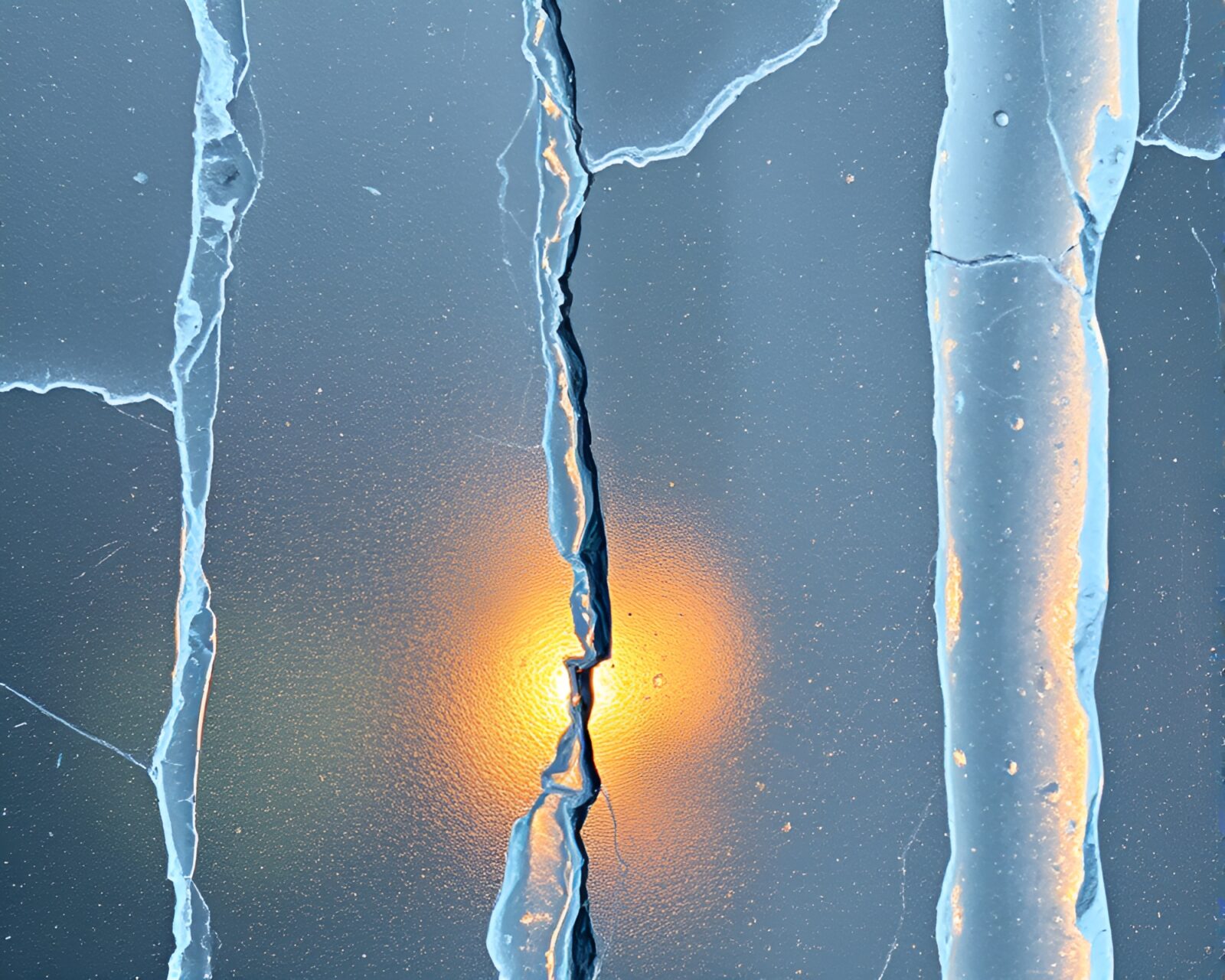 Vibrant parrot surrounded by icy cracks under dappled sunlight