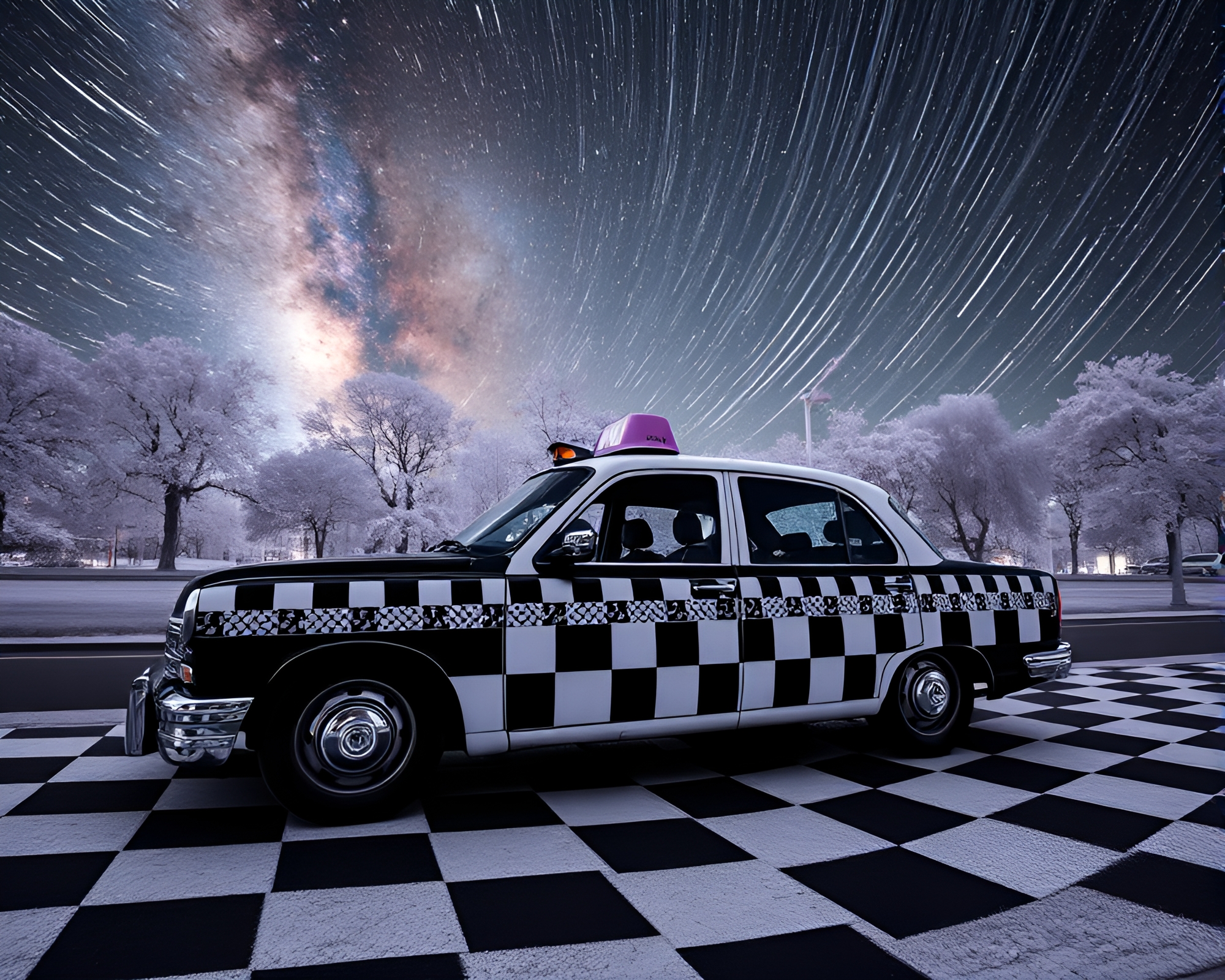 Futuristic Checkered Hover Taxi Amid Milky Way Swirl – free AI stock image