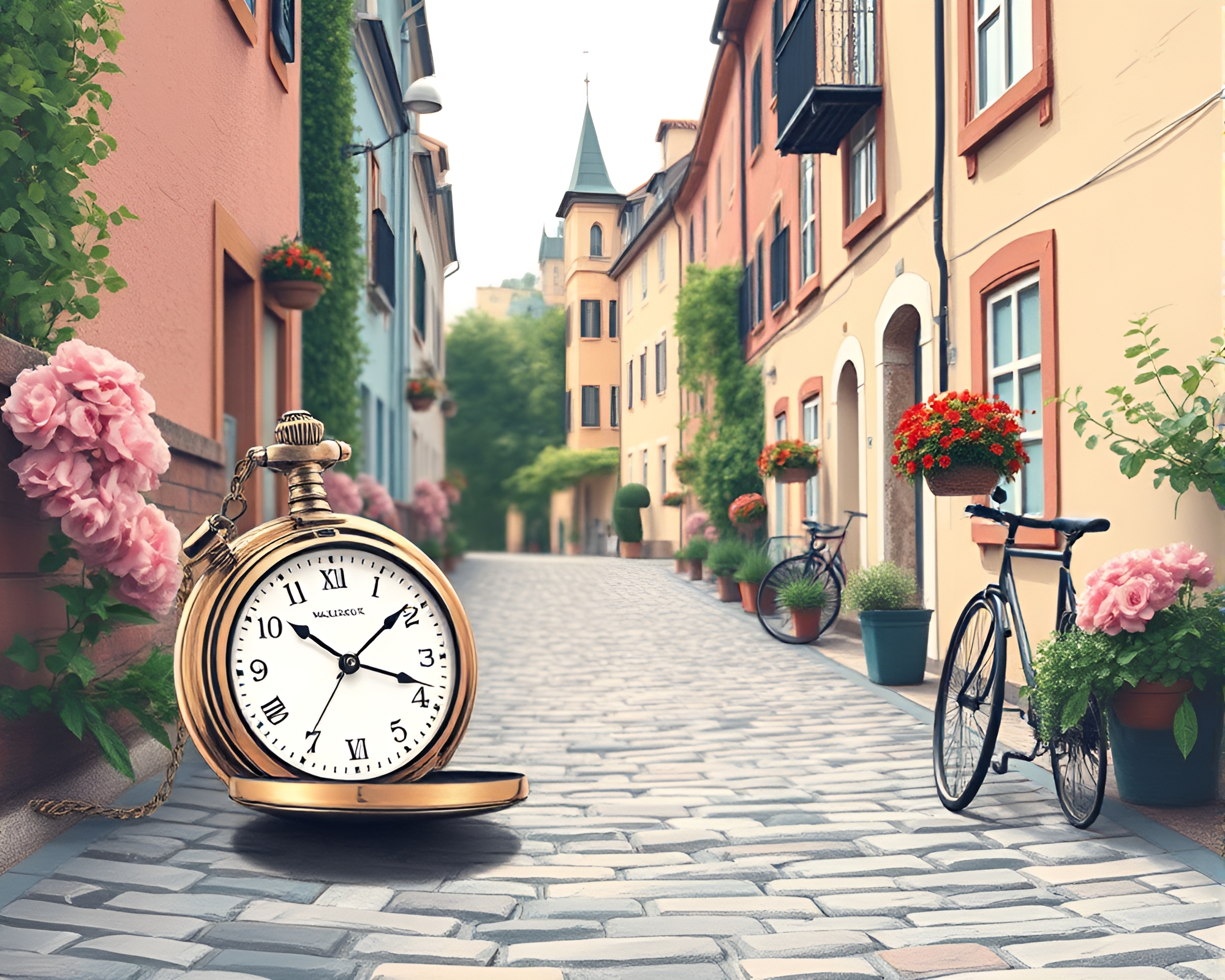 Vintage Pocket Watch on Cobblestone Path Fashion Illustration – free AI stock image