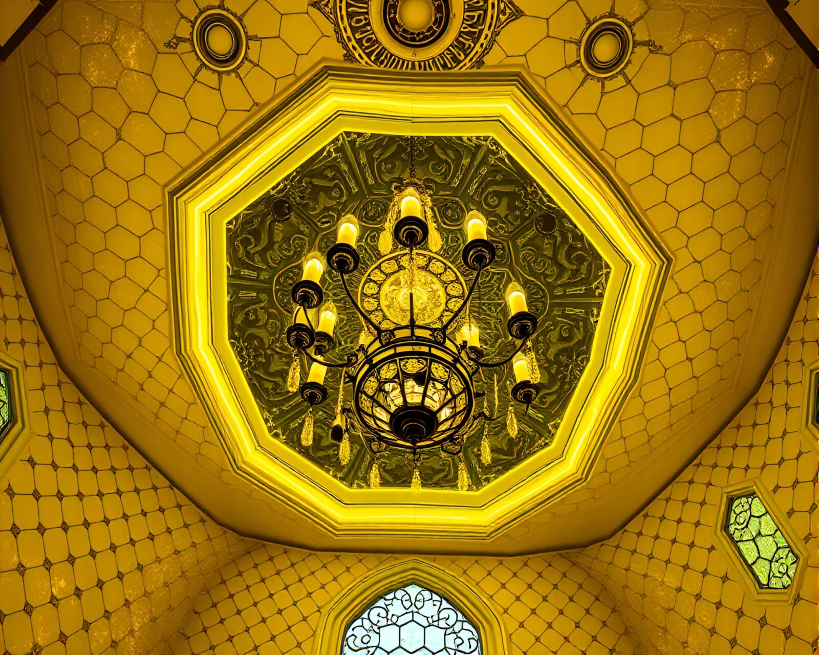 Hexagonal tiling with lemon yellow lighting and Gothic chandelier