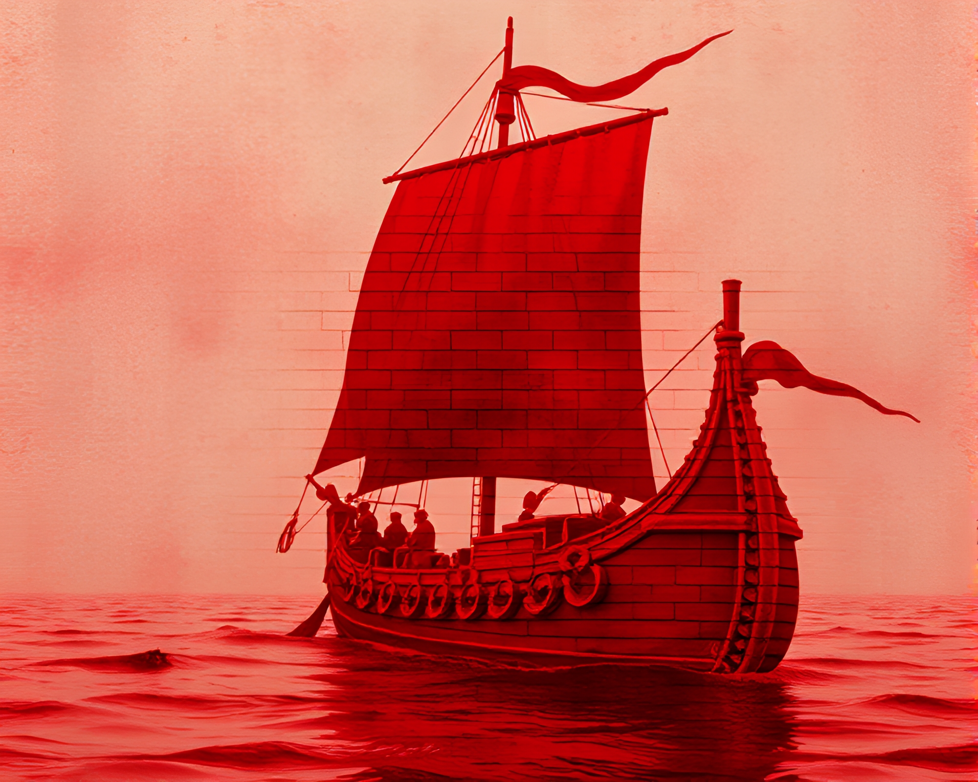 Viking longship sailing through fiery brick red depths – free AI stock image