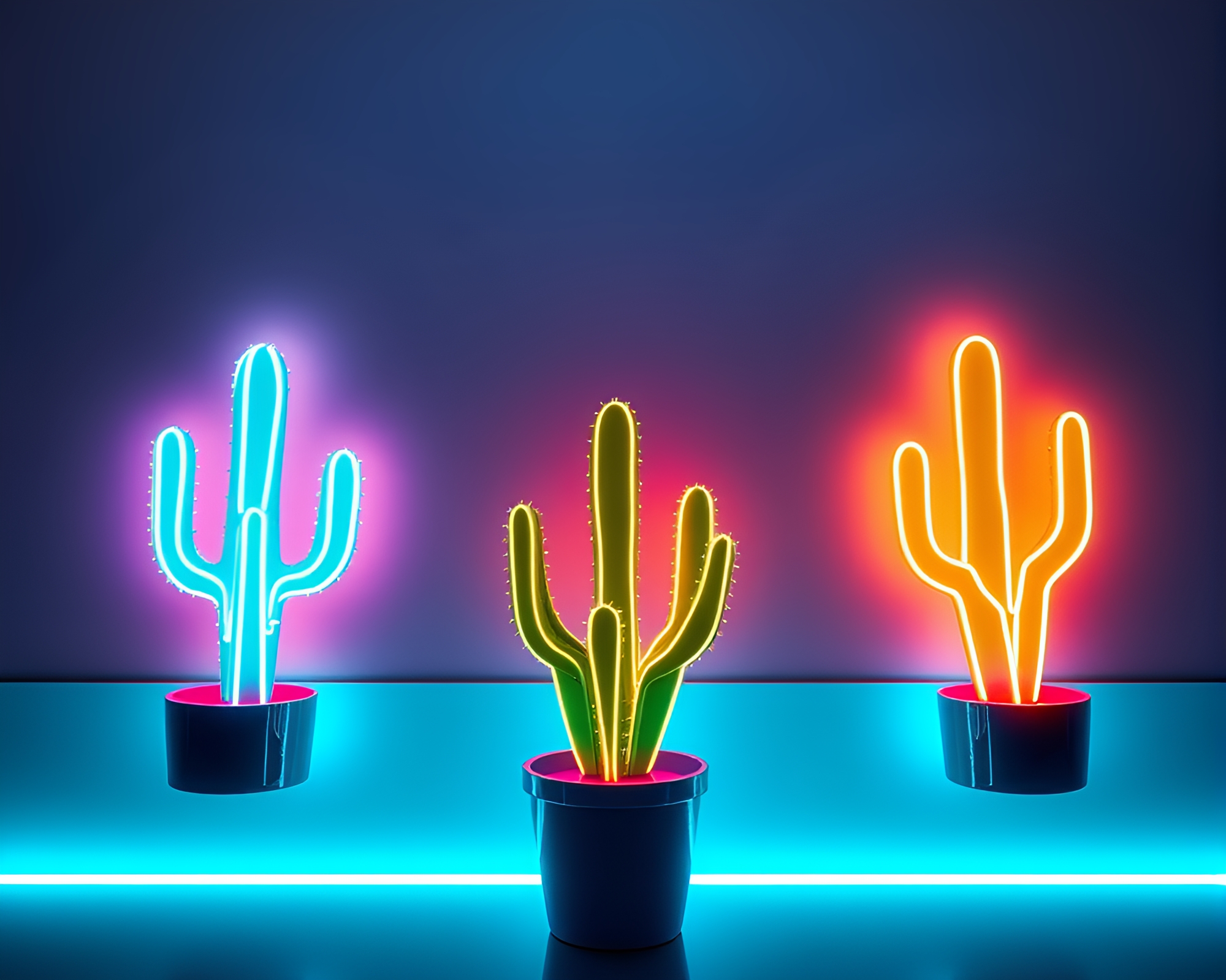 Neon Cactus Geometry: Turquoise Calm Rim-Lit Oasis – free AI stock image