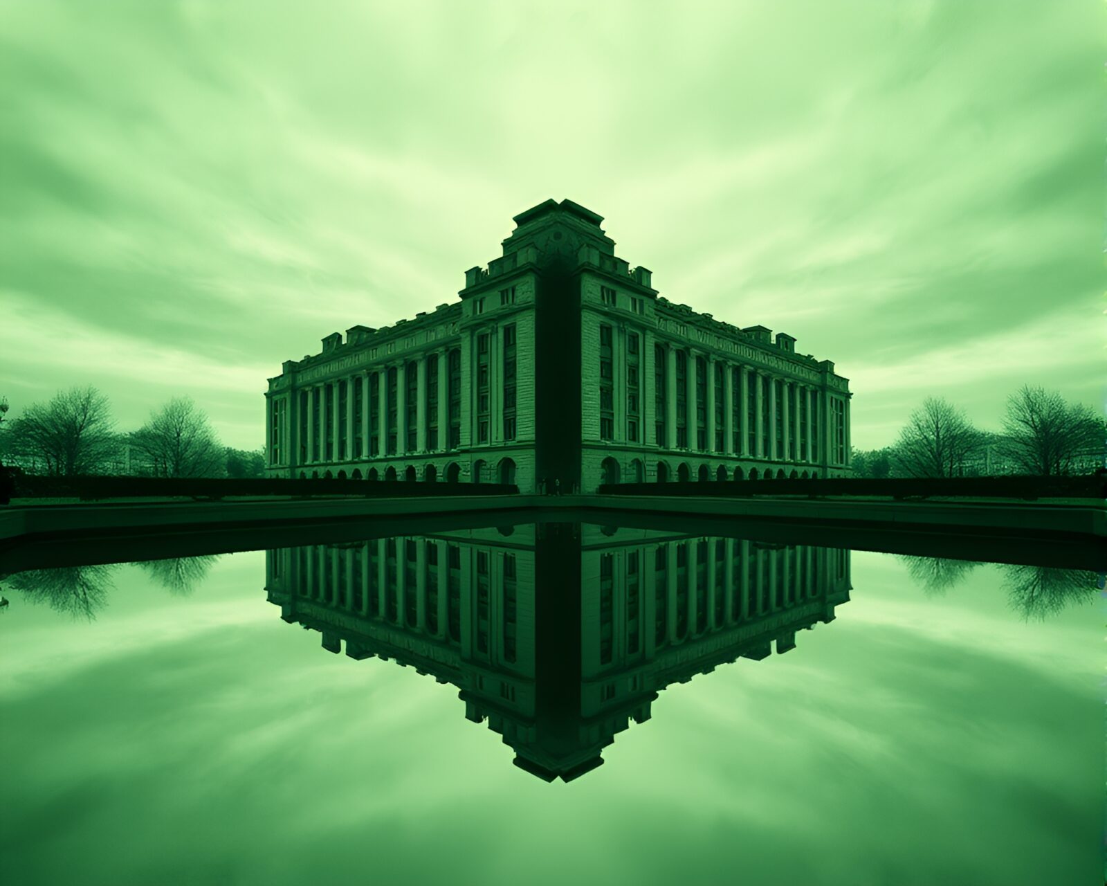 Retro film grain image of a monolith reflected twice in green hues