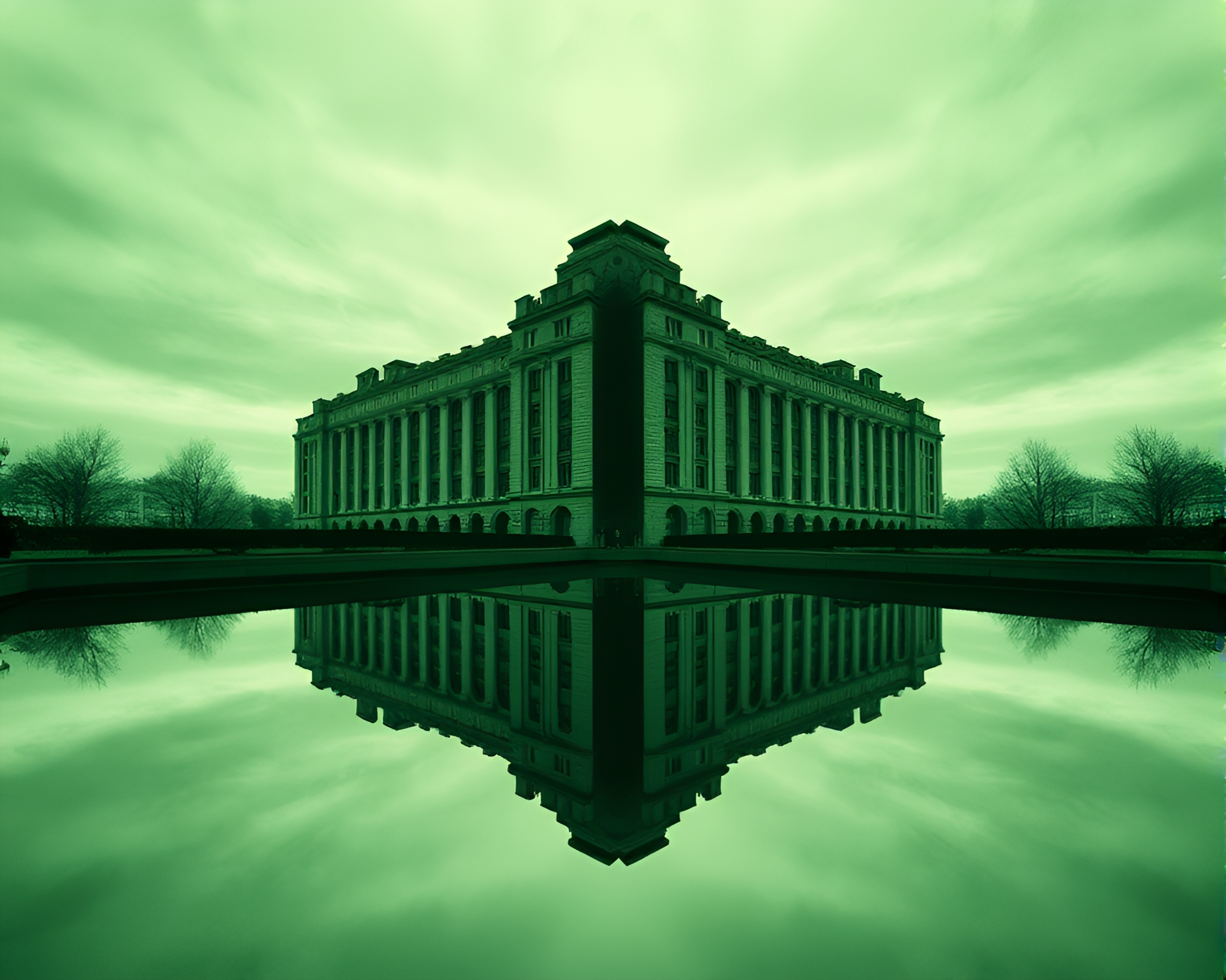 Monolithic Reflection: Serene Green Double Exposure – free AI stock image