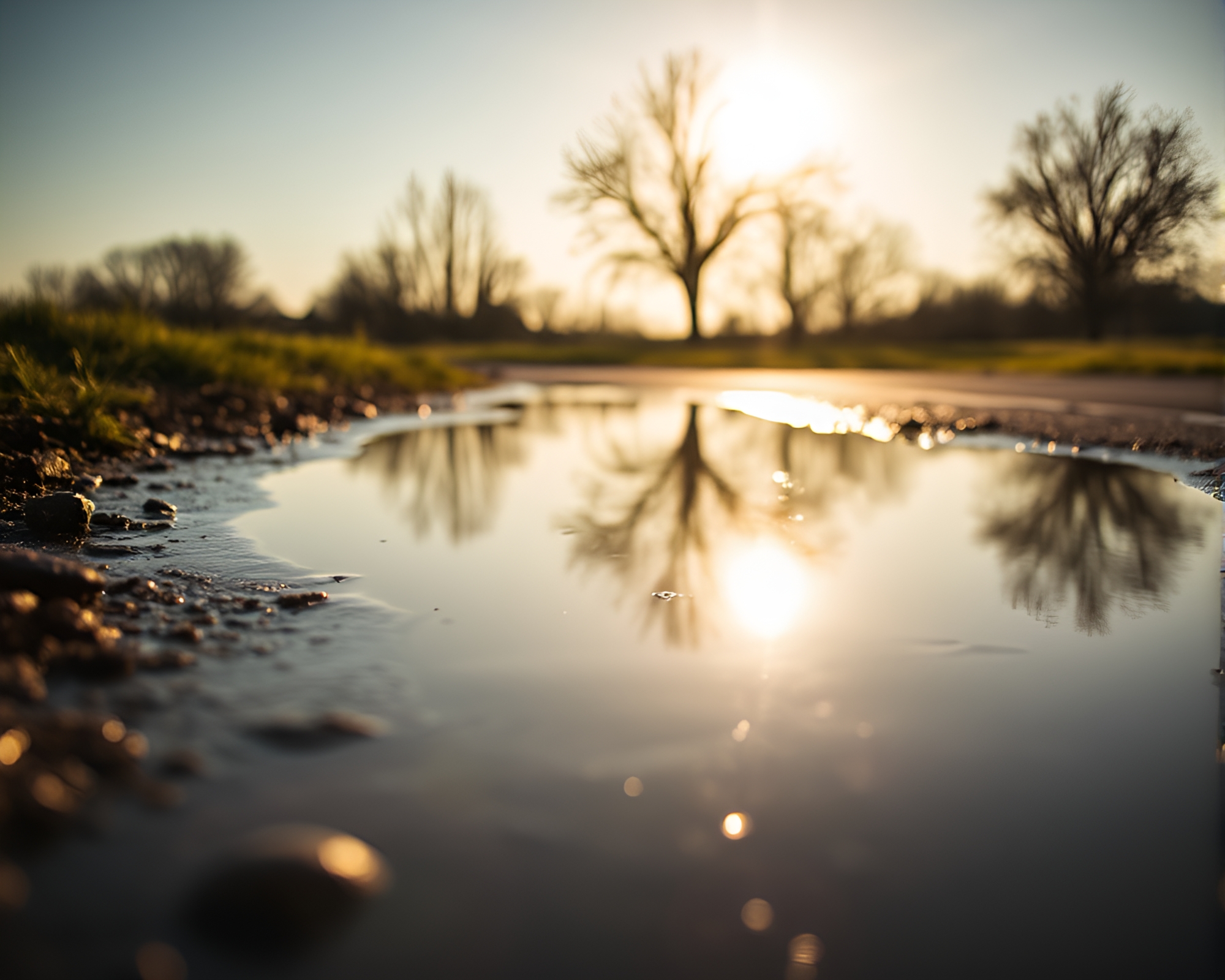 Trumpet reflection in vibrant midday puddle vignette – free AI stock image