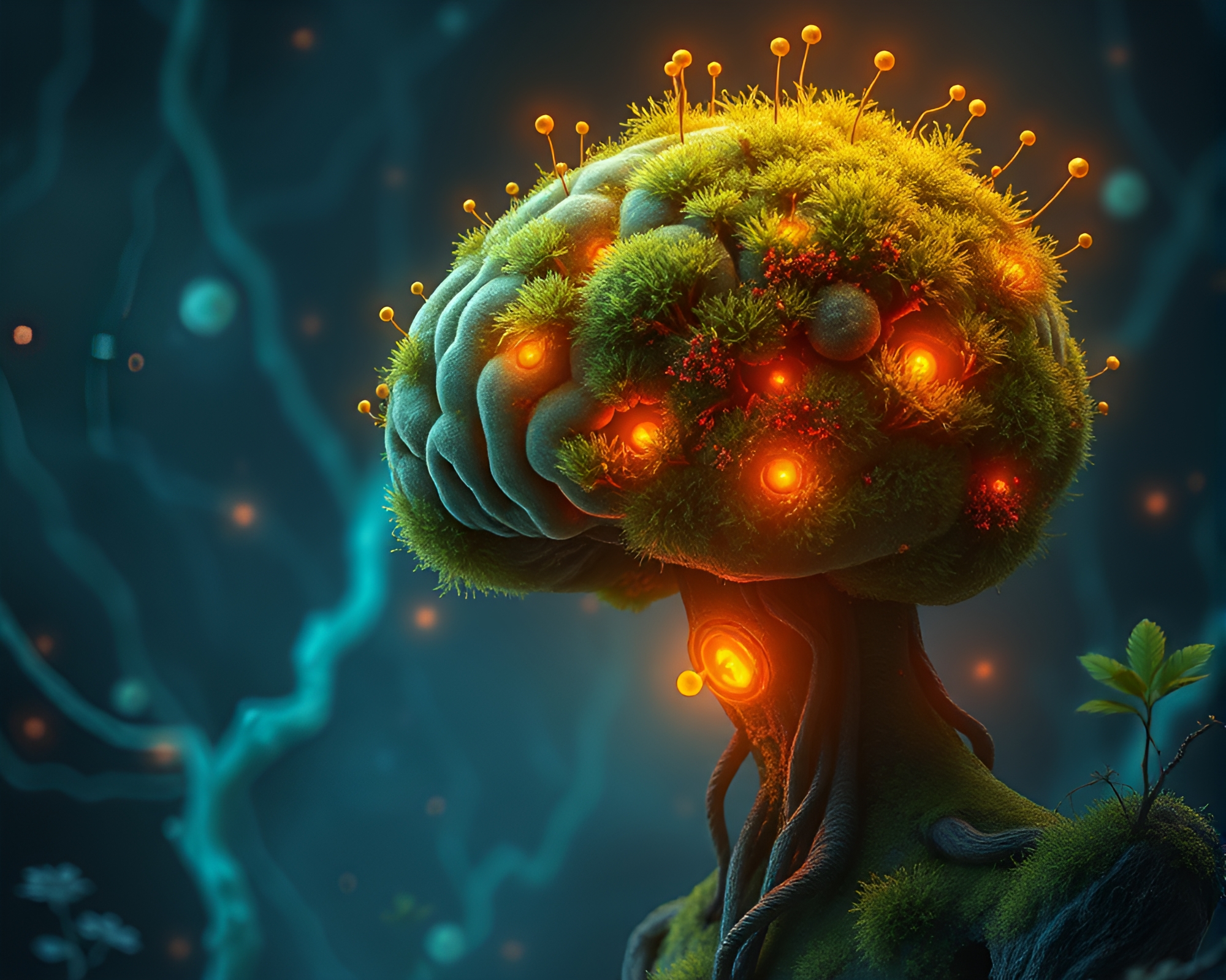 Fantasy AI Brain Glowing with Moss Growth – free AI stock image