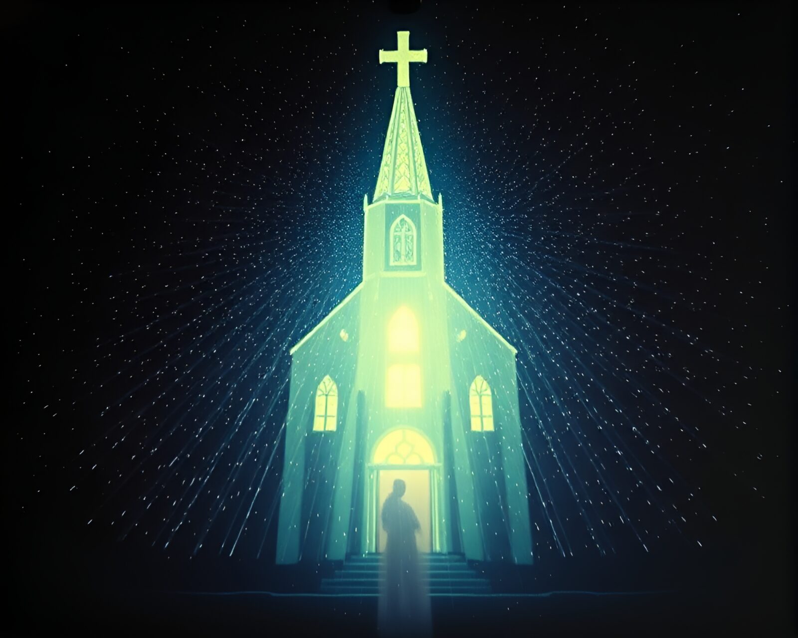 A mystical scene of dew drops under church candlelight