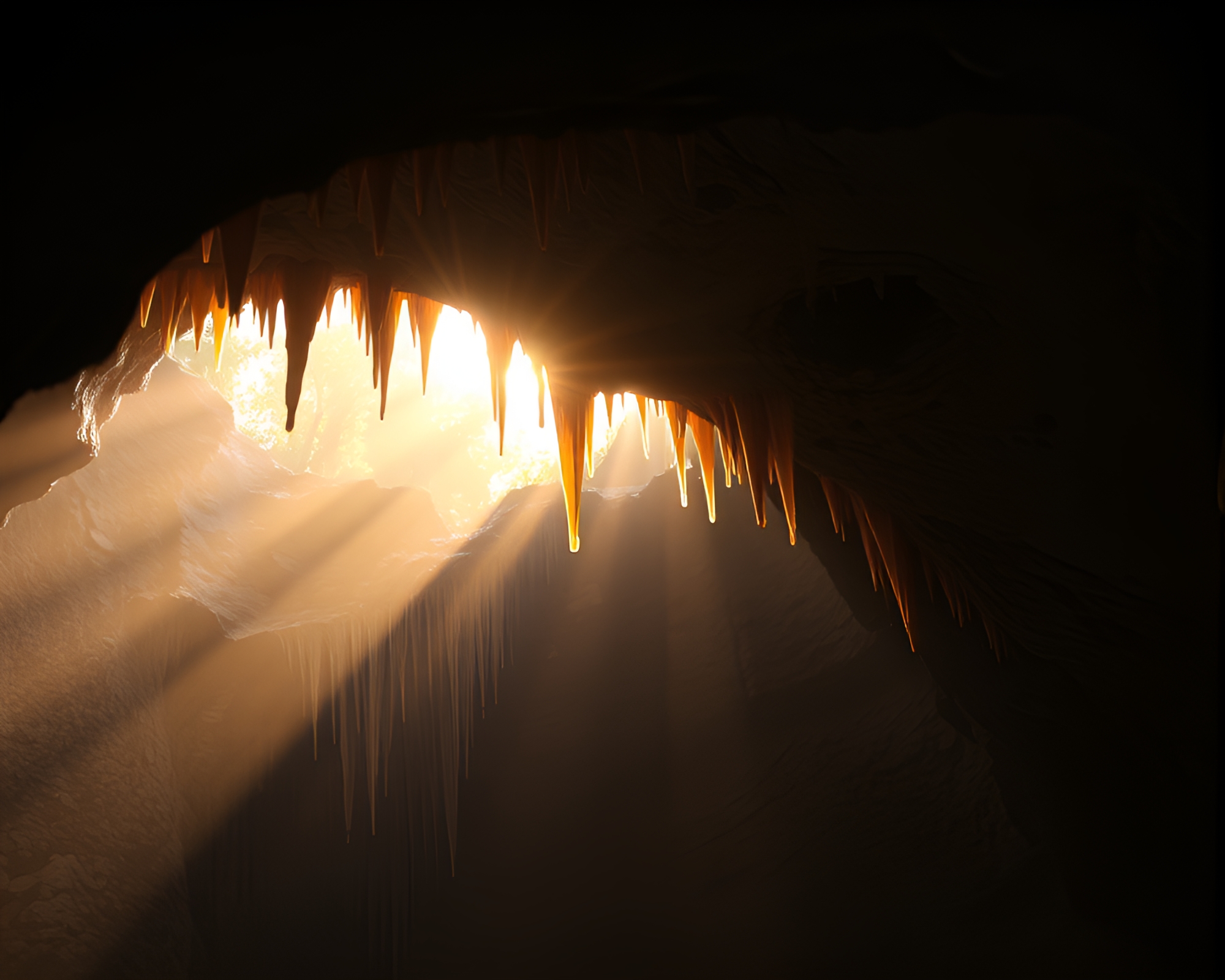 Enchanting Cave Stalactites Bathed in Morning Gold Light – free AI stock image