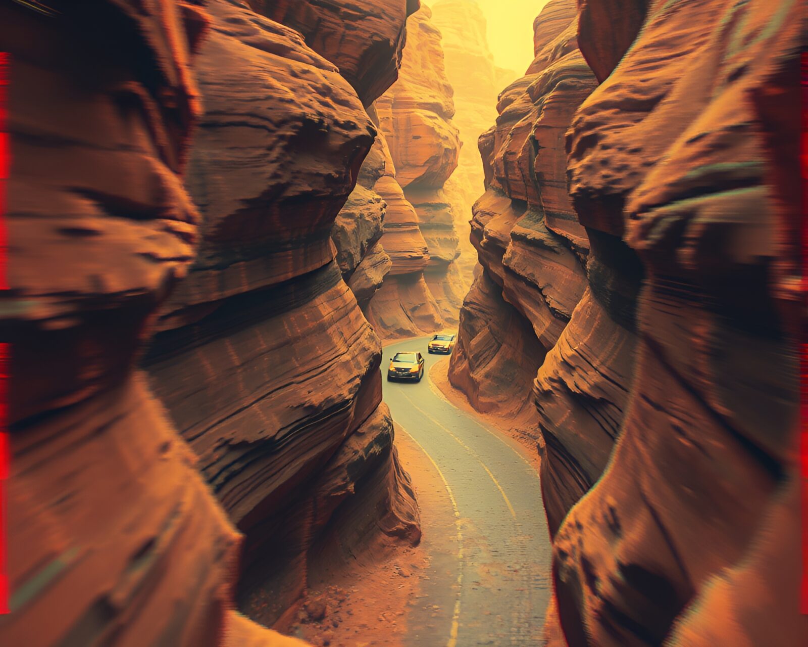Fashion illustration of a glitchy hover taxi in rust-toned canyon scenery