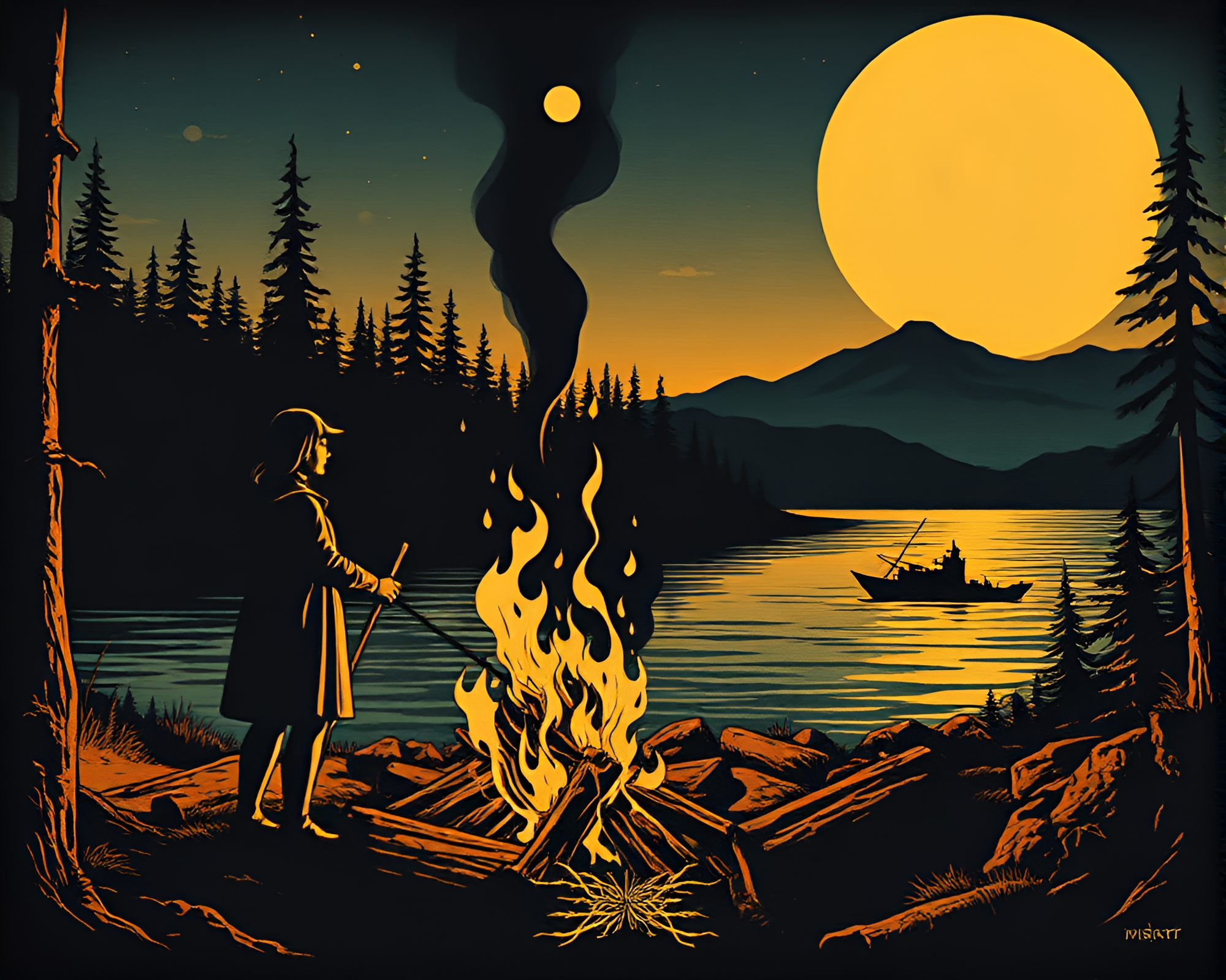 Siren Song by the Bonfire Woodcut Print – free AI stock image