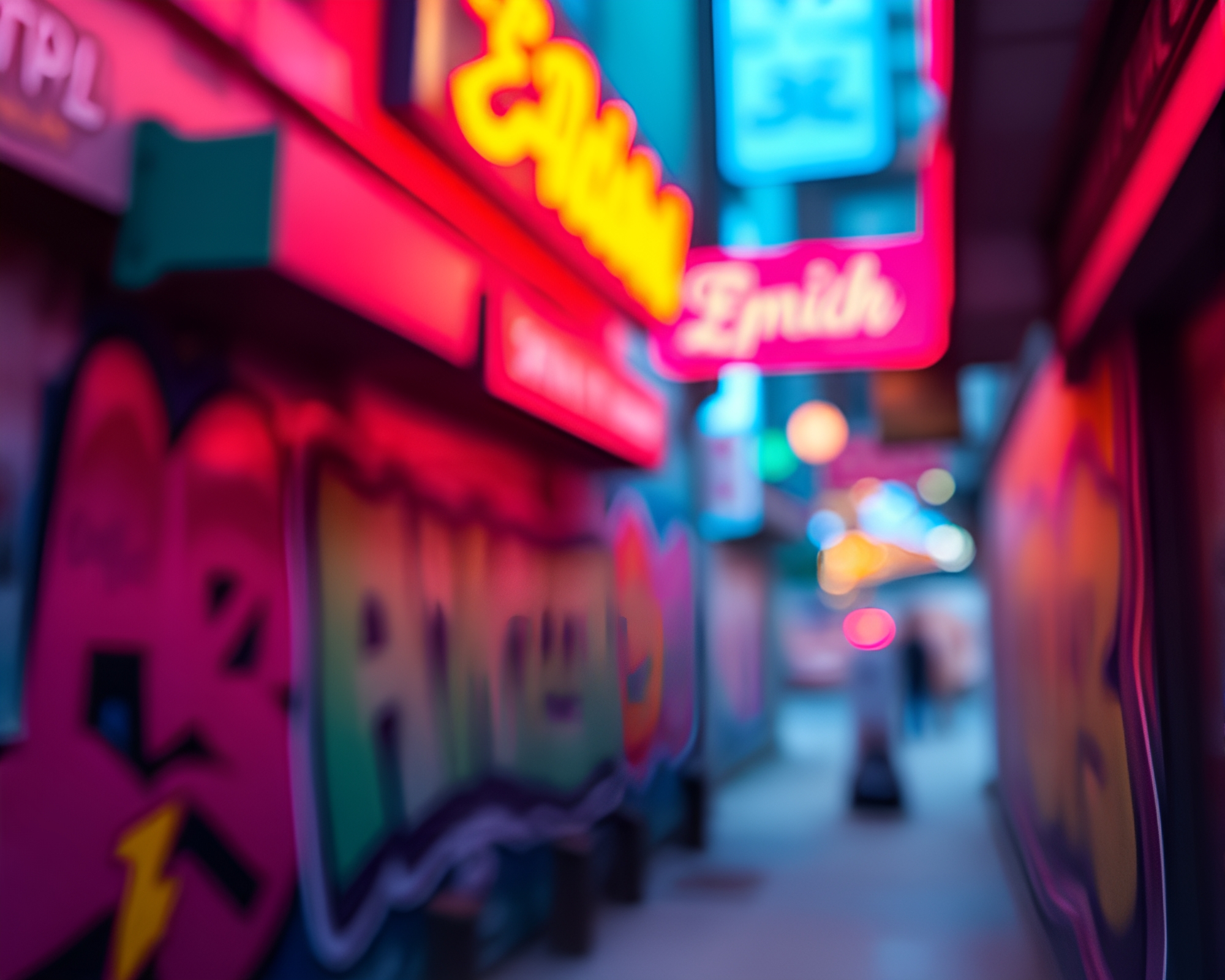 Neon Graffiti Alley with Bokeh Foreground – free AI stock image