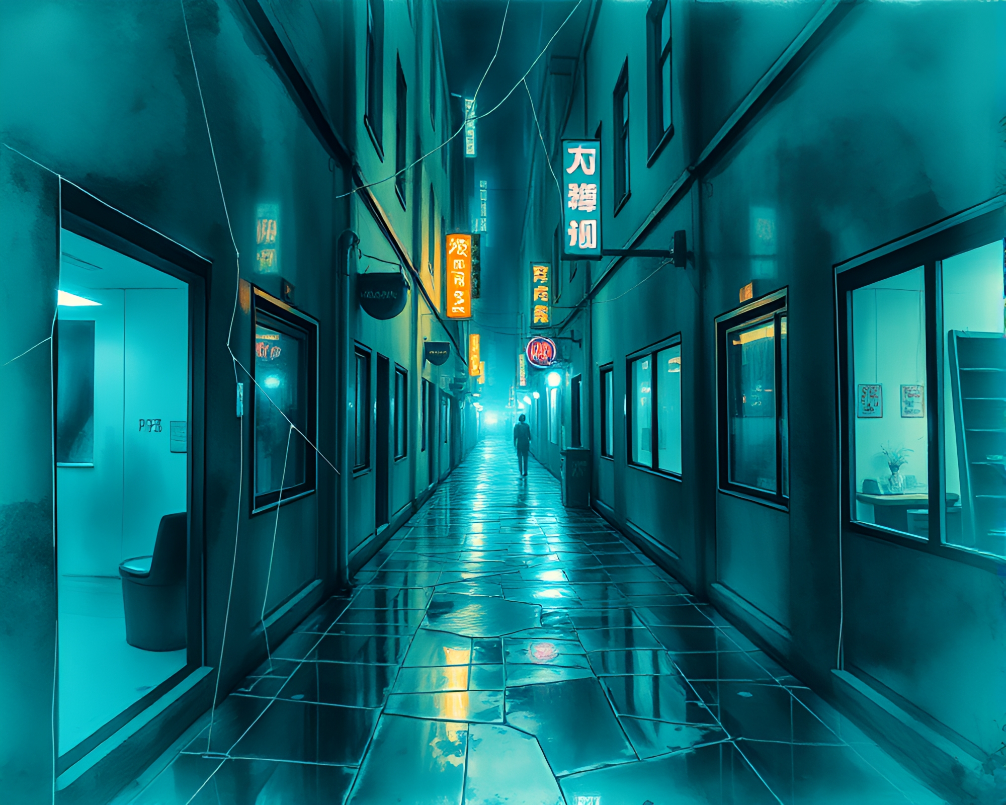 Cyberpunk Alley Reflection & Broken Glass Composition – free AI stock image