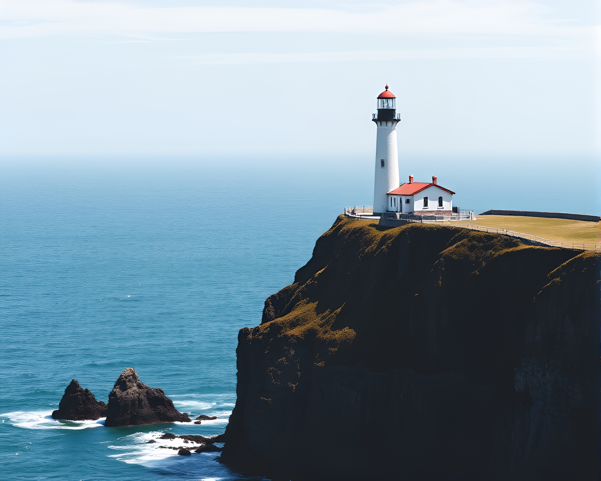Symmetrical Lighthouse Illuminated by Cliffside Shadows – free AI stock image