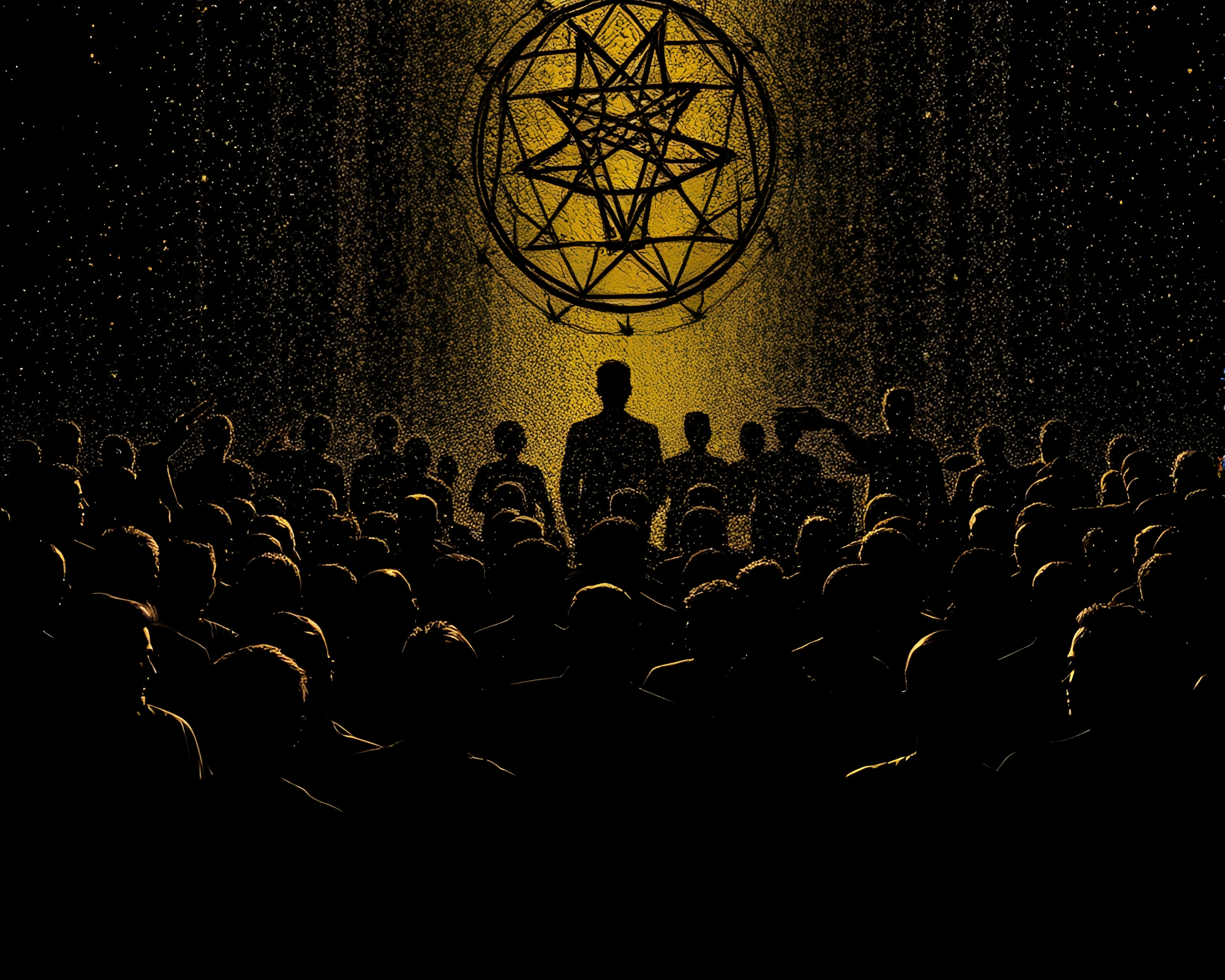 Sacred Geometry Crowd Silhouette in Metallic Stipple Shading – free AI stock image