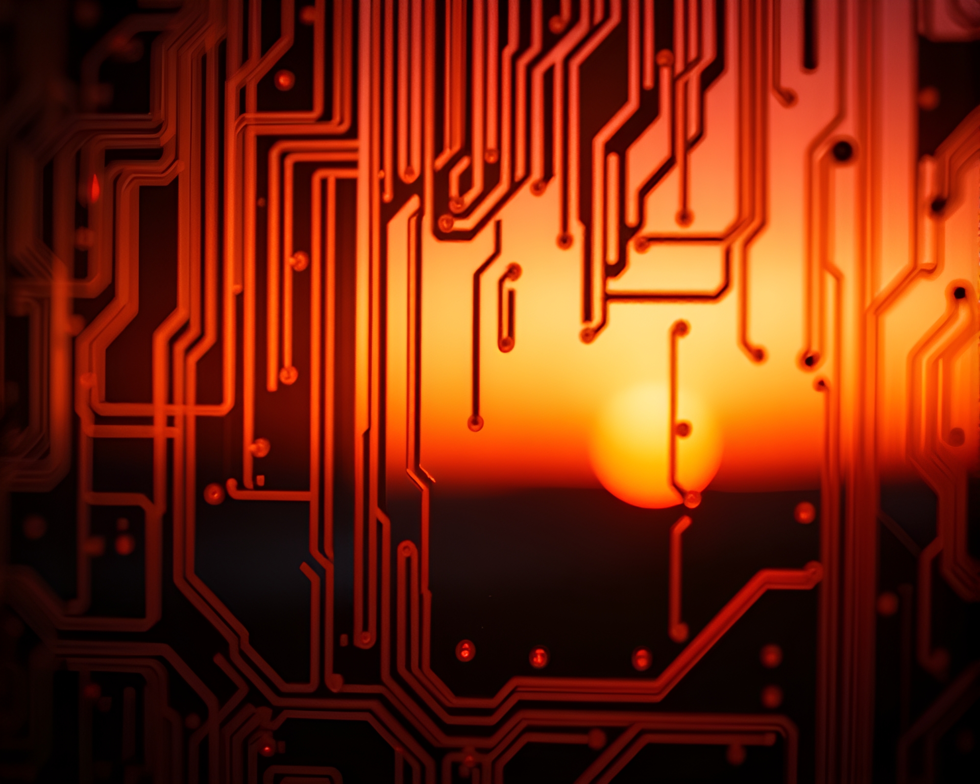 Circuit board sunset glow through split glass – free AI stock image