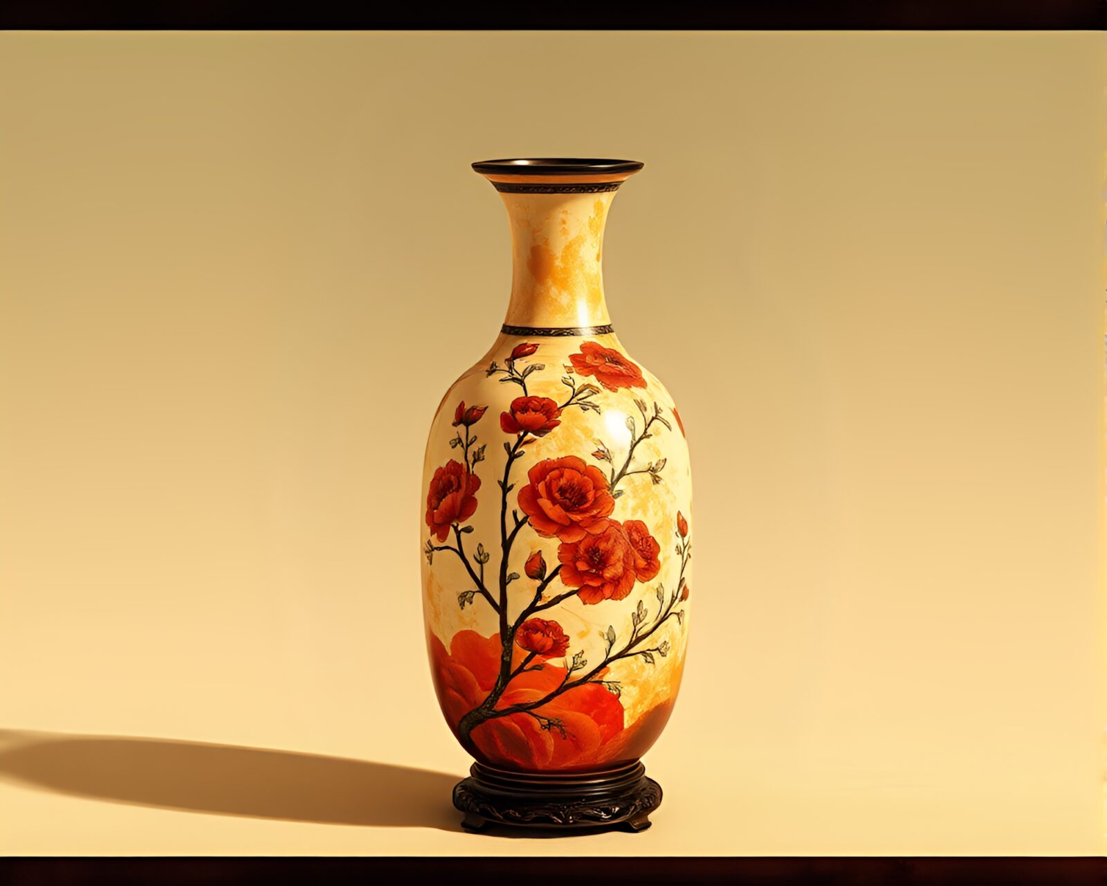 Ink splashes artfully forming a cloisonné vase in desert tones