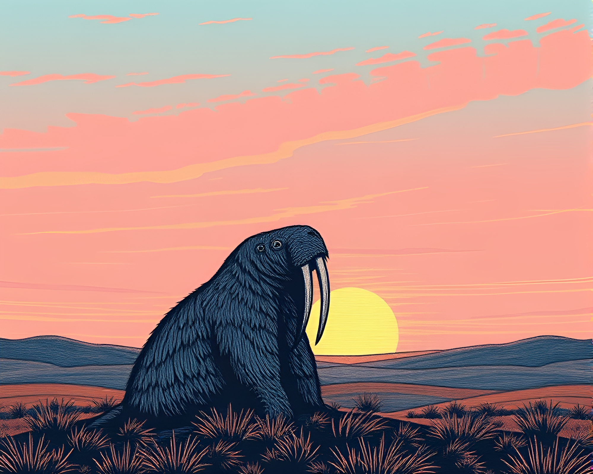 Stitched Walrus Silhouette in Sunrise Landscape Etching – free AI stock image