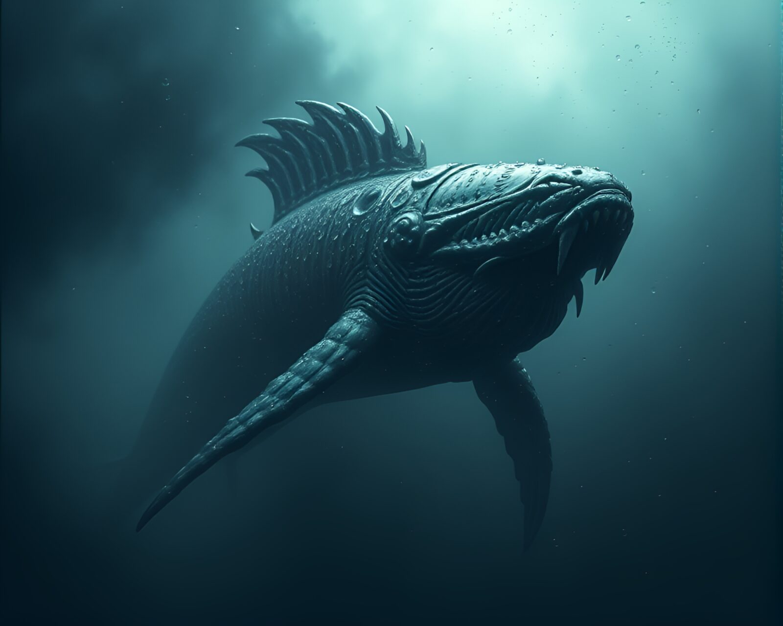 Desaturated water droplets surround towering Leviathan in eerie light
