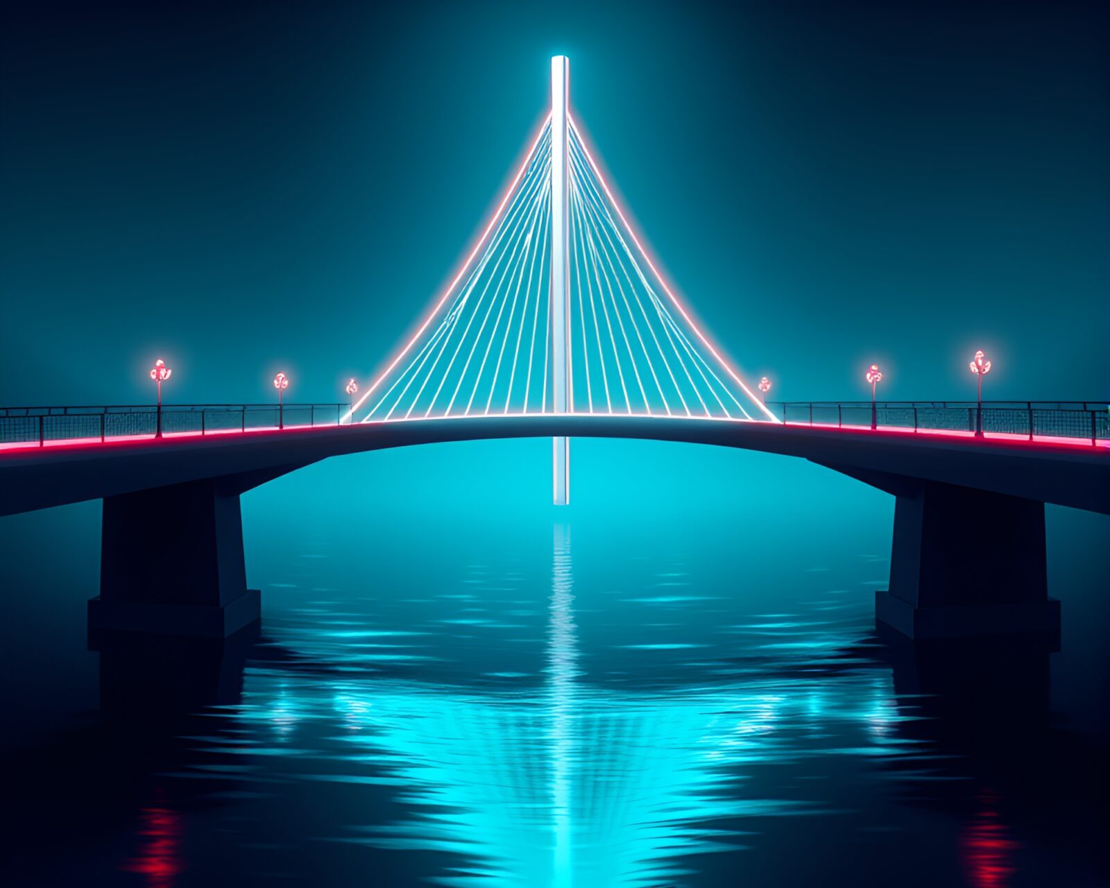 Futuristic neon-lit suspension bridge reflected in mirror shards
