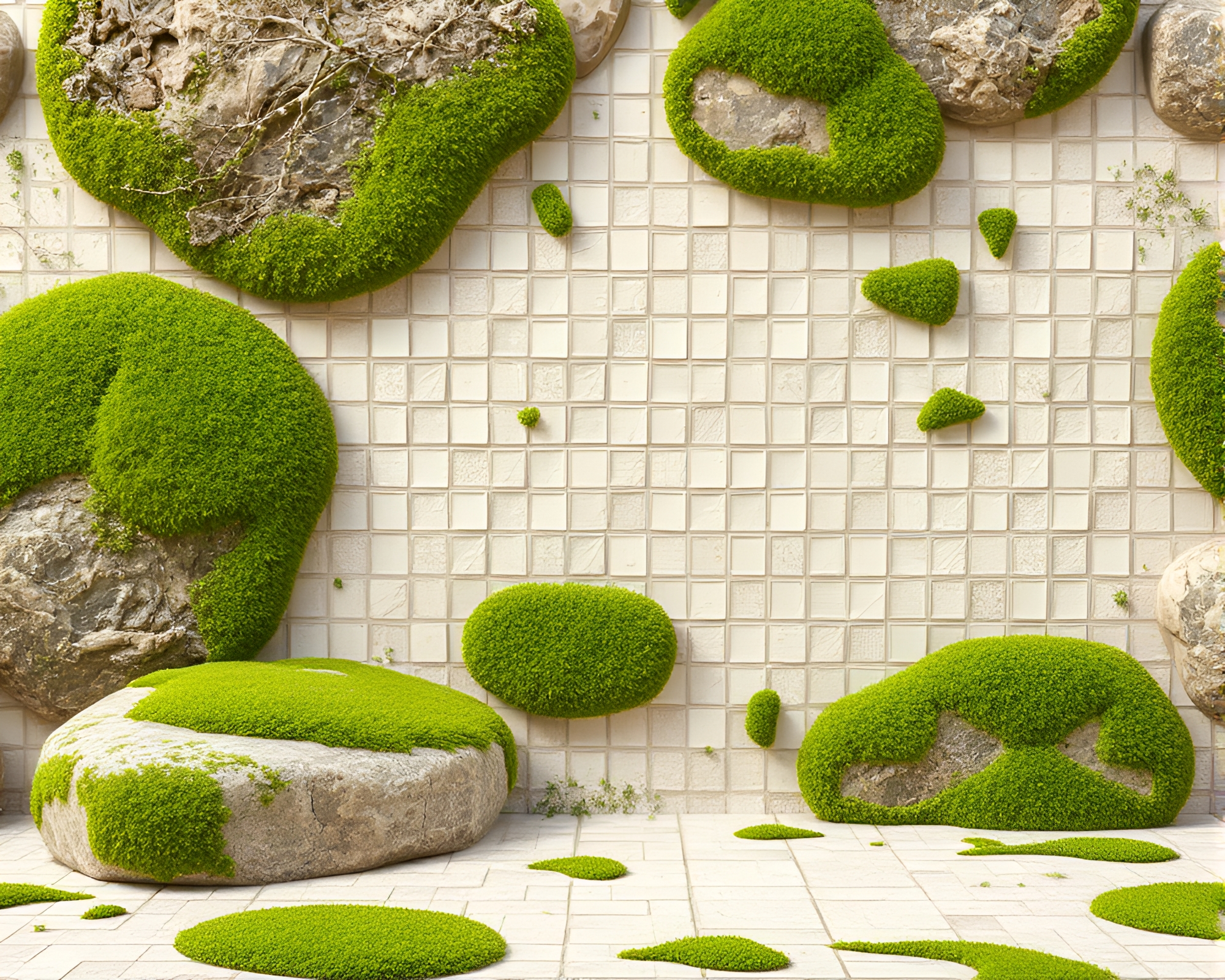 Moss-Covered Rock Cloth Mosaic Sculpture – free AI stock image
