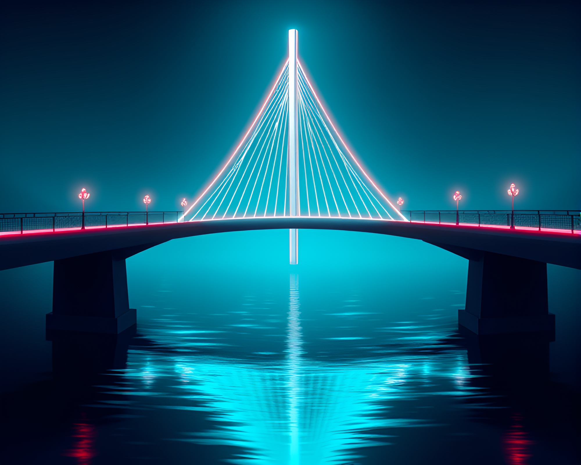 Neon Suspension Bridge Reflection Vector Art – free AI stock image