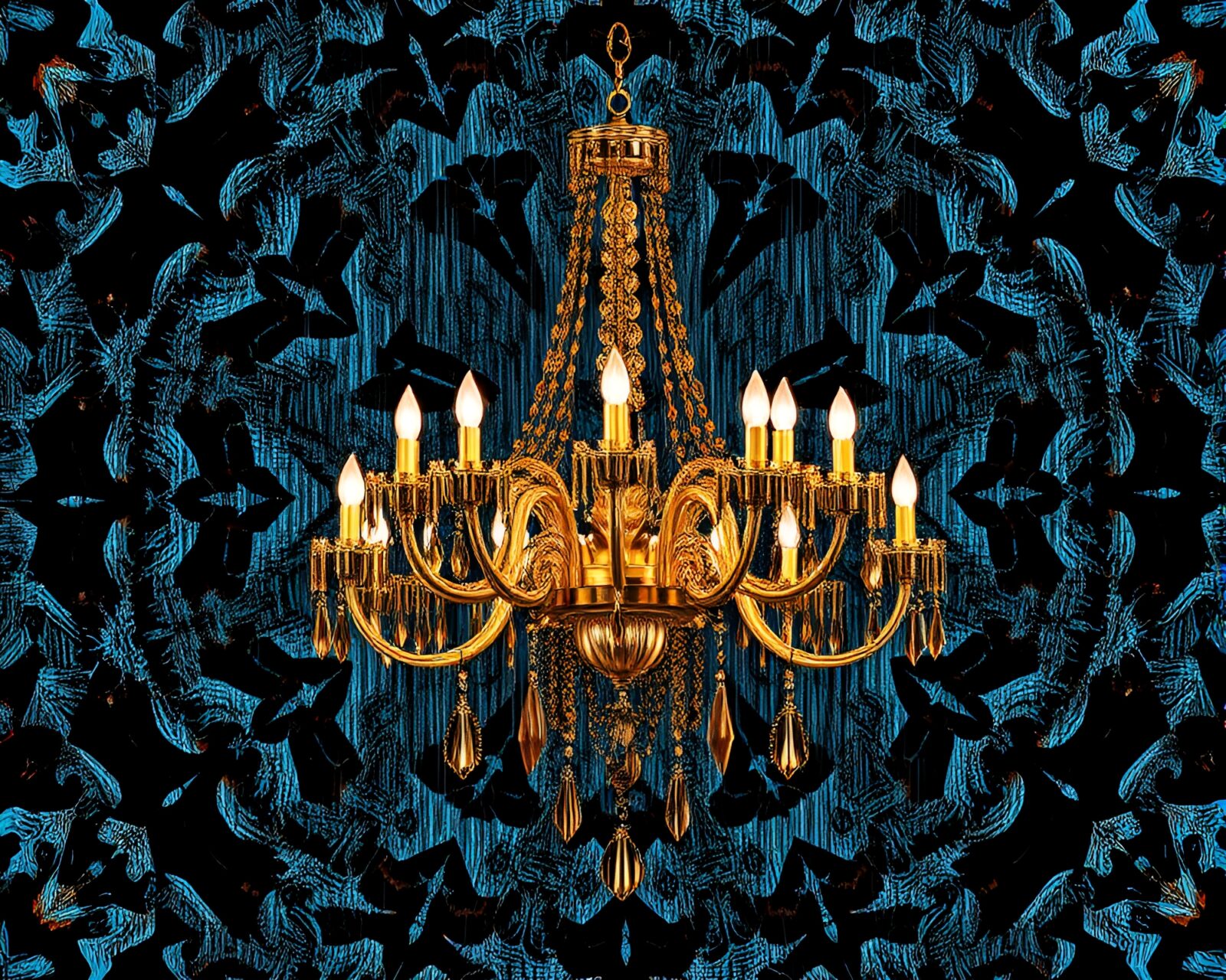 Intricate metallic scratches form stunning kaleidoscope effect on chandelier.