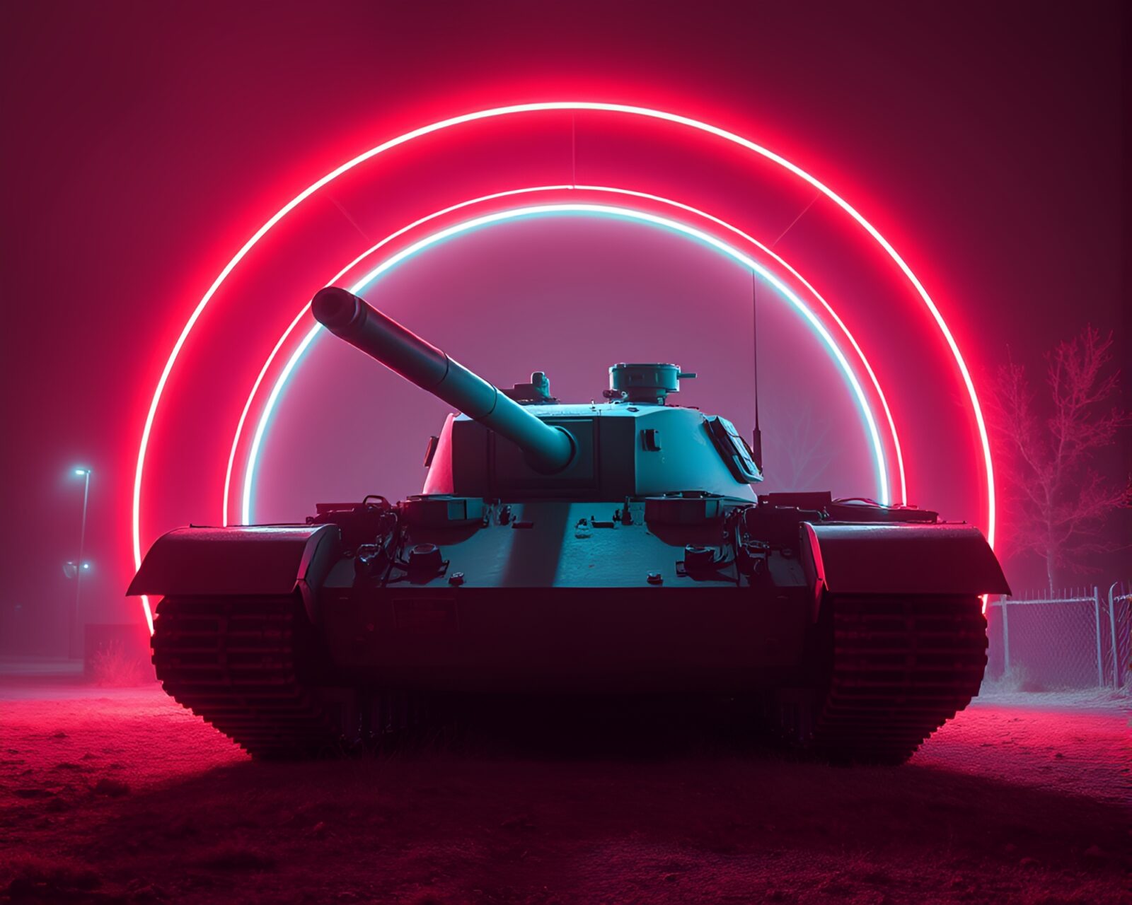 Infrared photo of futuristic tank in neon glow