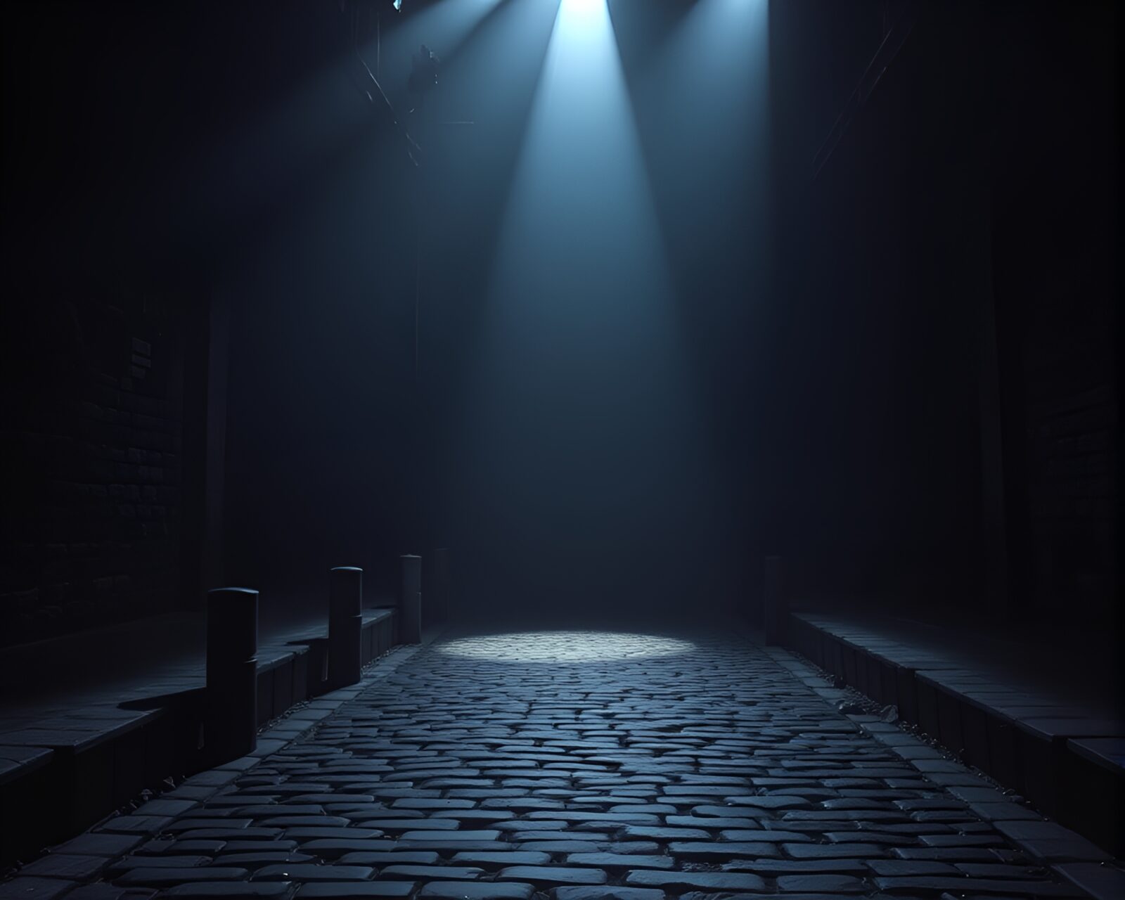 Eerie chiaroscuro-lit cobblestone path in Gothic horror setting