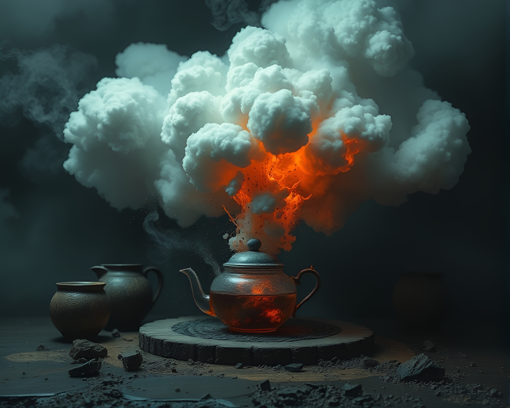 Tea Set Explosion in Gloom-Lit Basement – free AI stock image