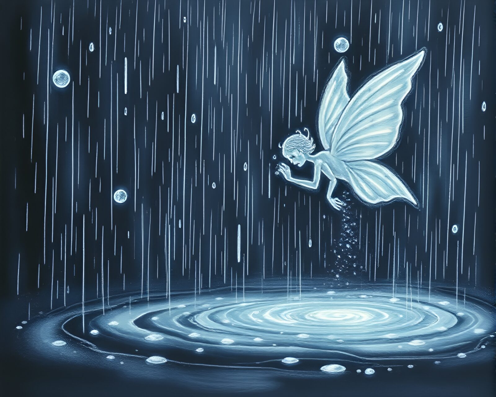 Enchanting chalk drawing of a nymph glowing in rain droplets