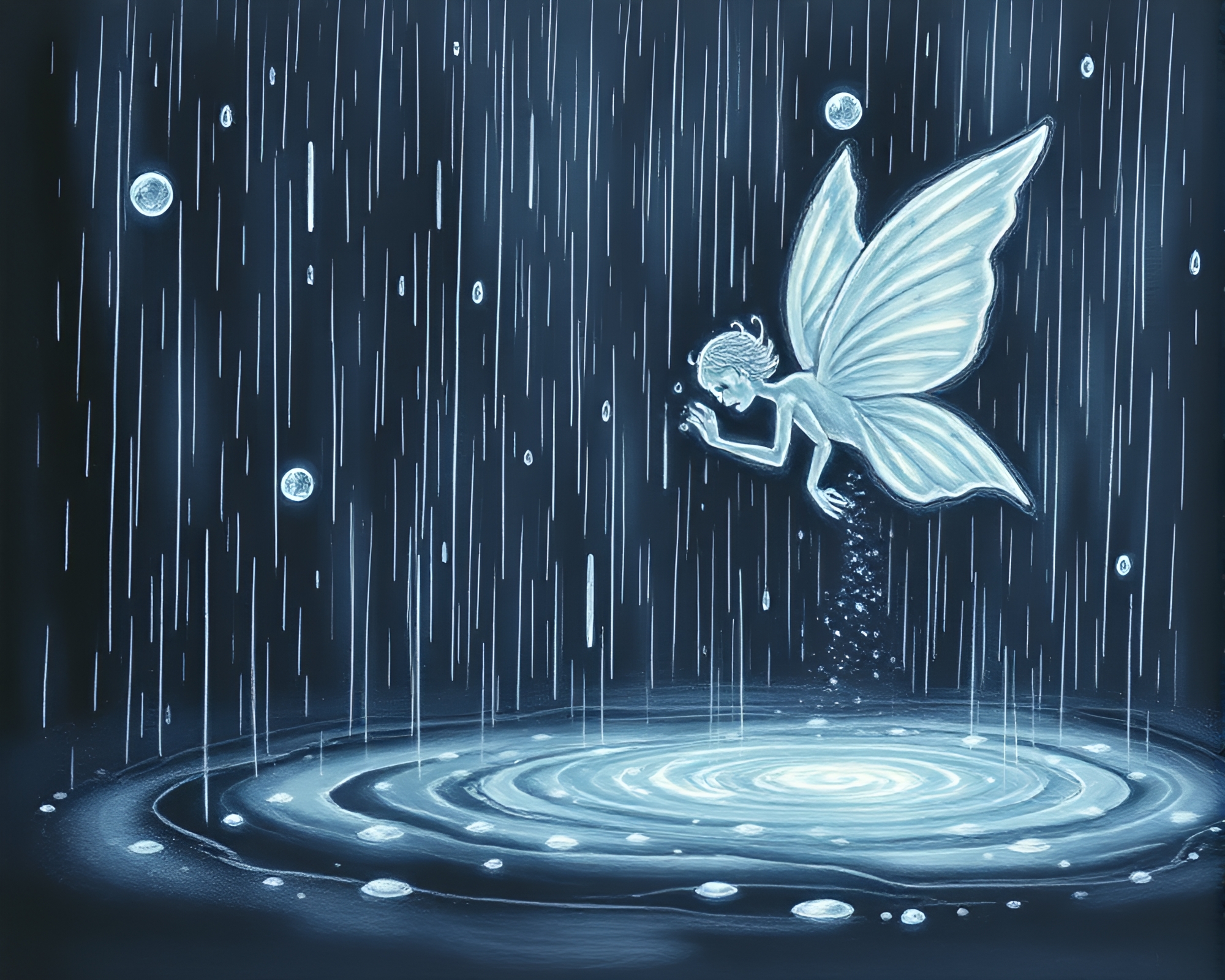 Phosphorescent Nymph in Chalk Rain Droplets Art – free AI stock image