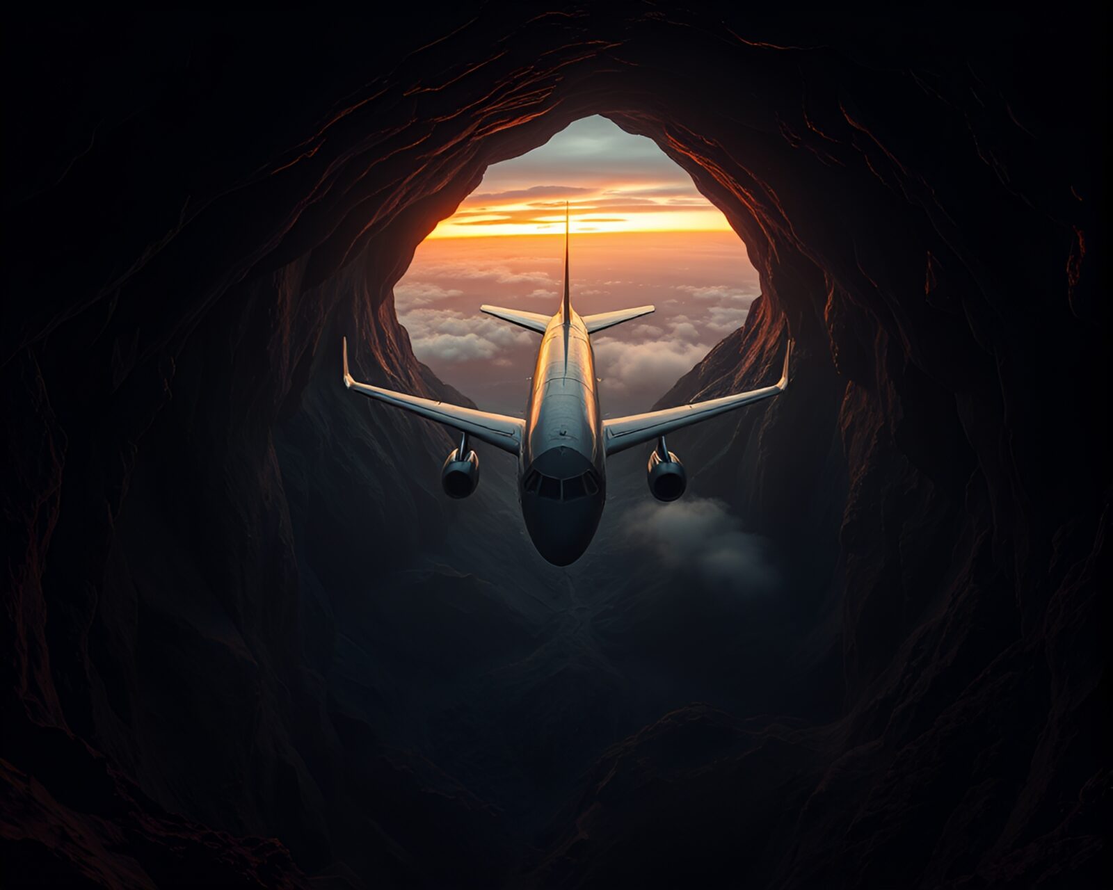Abstract cubist style painting of airplane entering dark cave