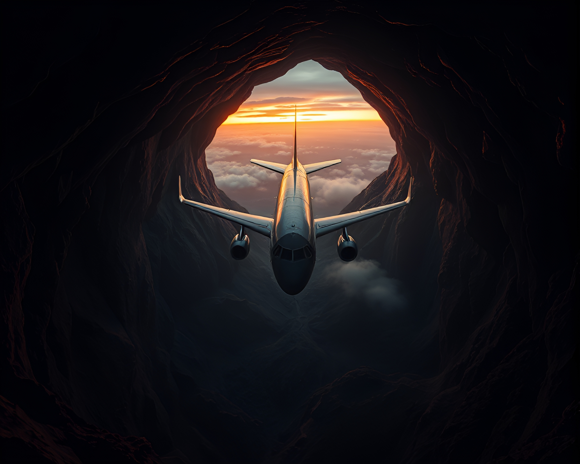 Surreal Panoramic Cubist Airplane Cave Entrance – free AI stock image