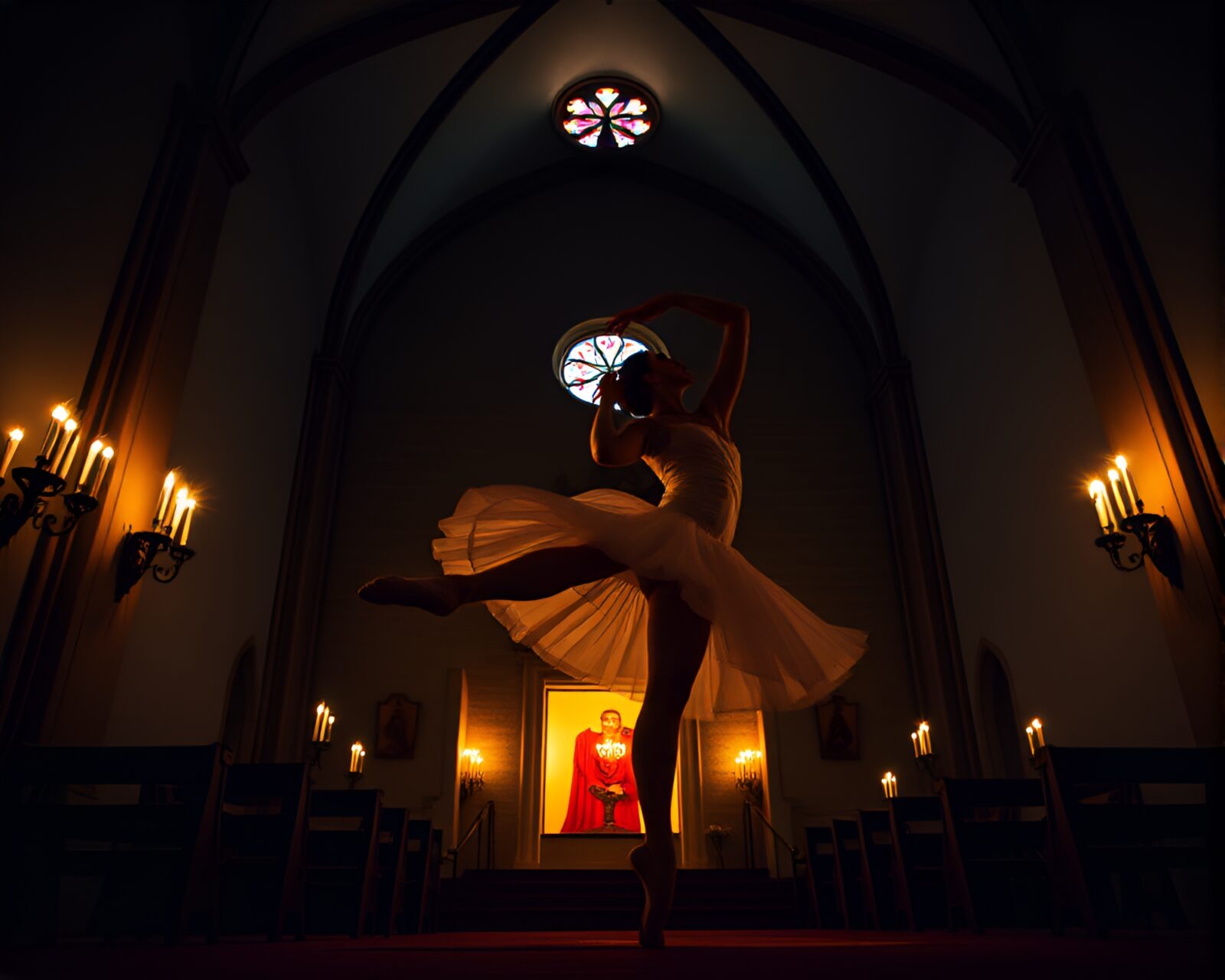 Graceful ballerina in mystical church-like setting surrounded by candles
