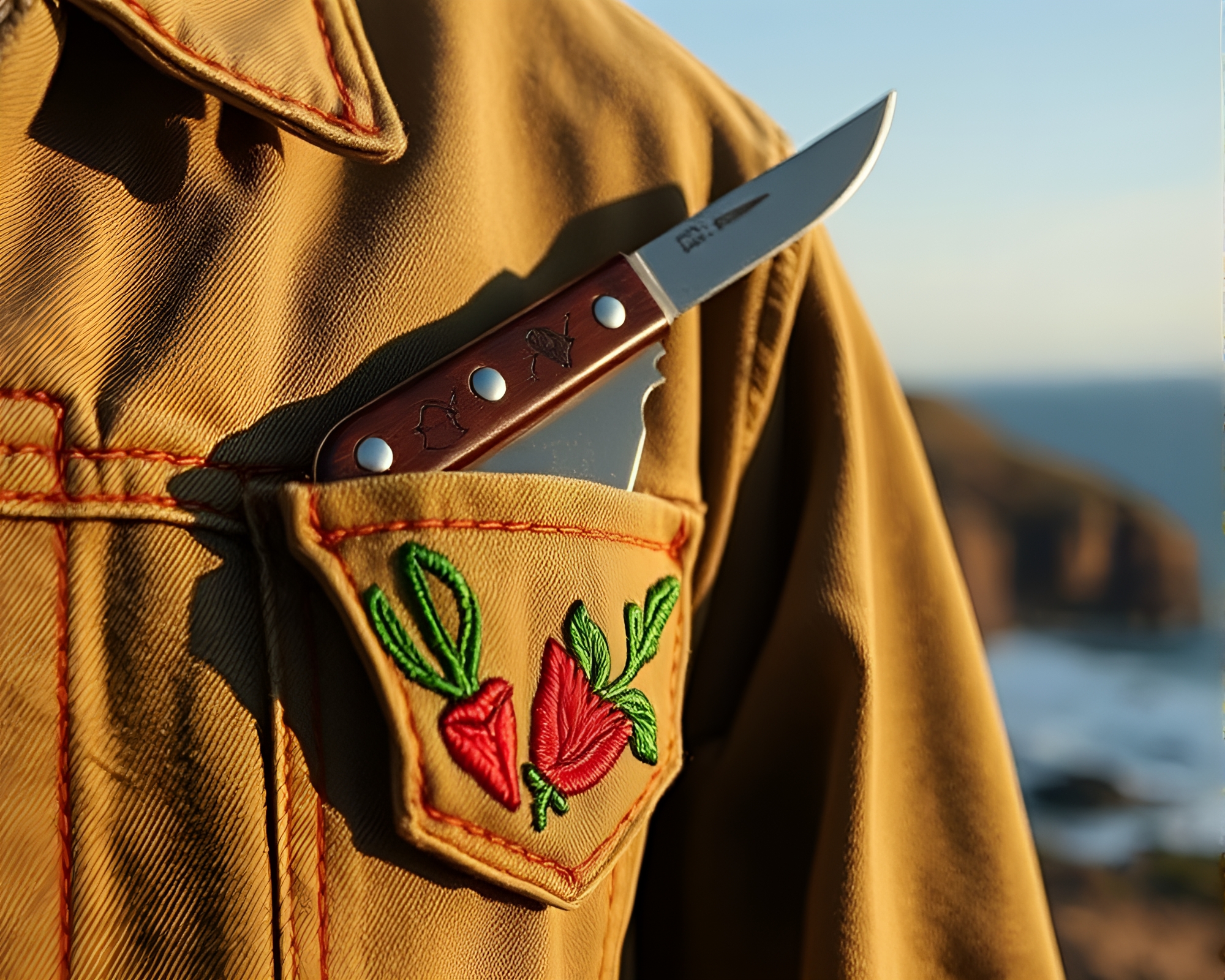 Grunge embroidered knife on shadow cliffside – free AI stock image