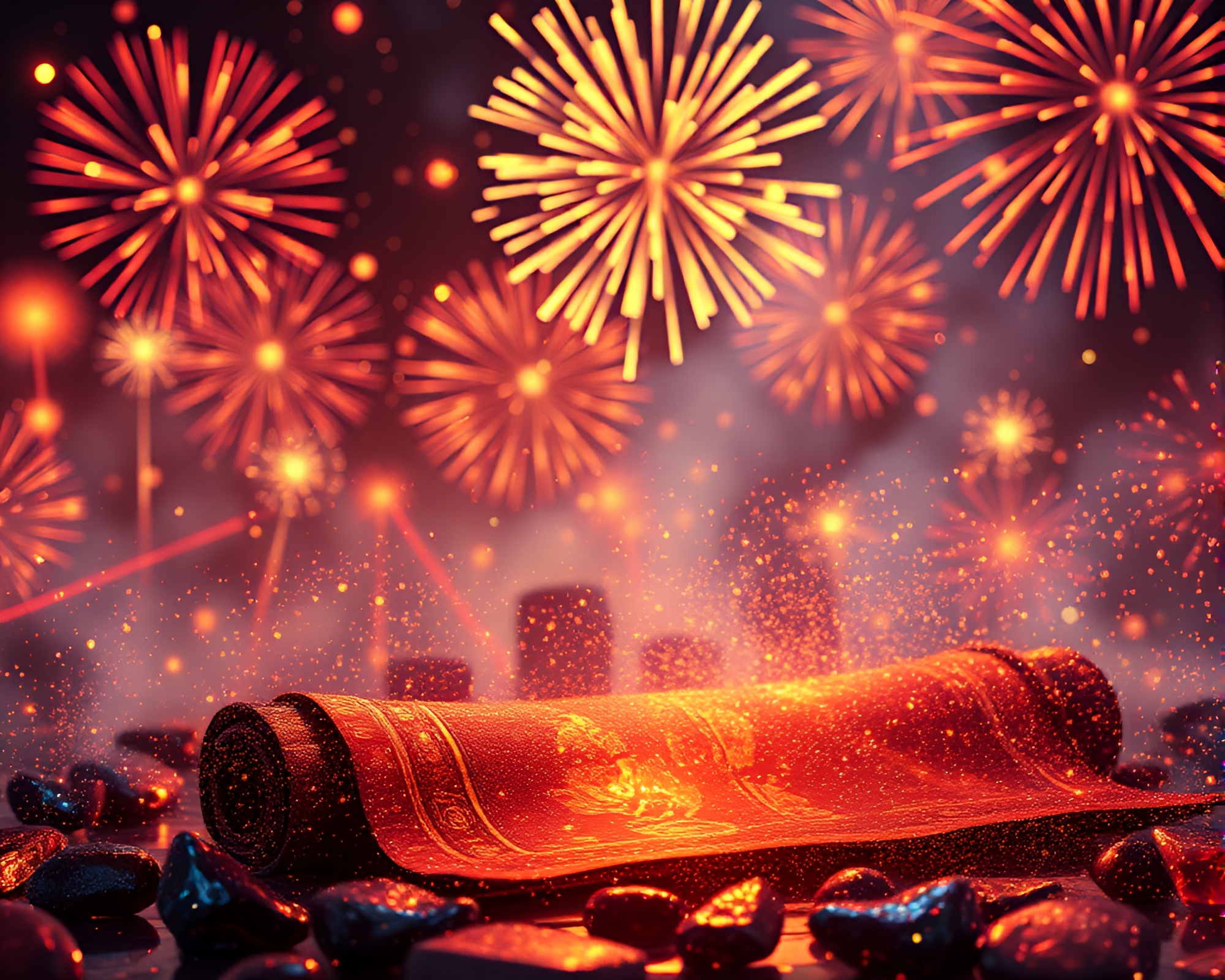Ancient Scroll Unveiling at Festival with Fireworks Glow – free AI stock image